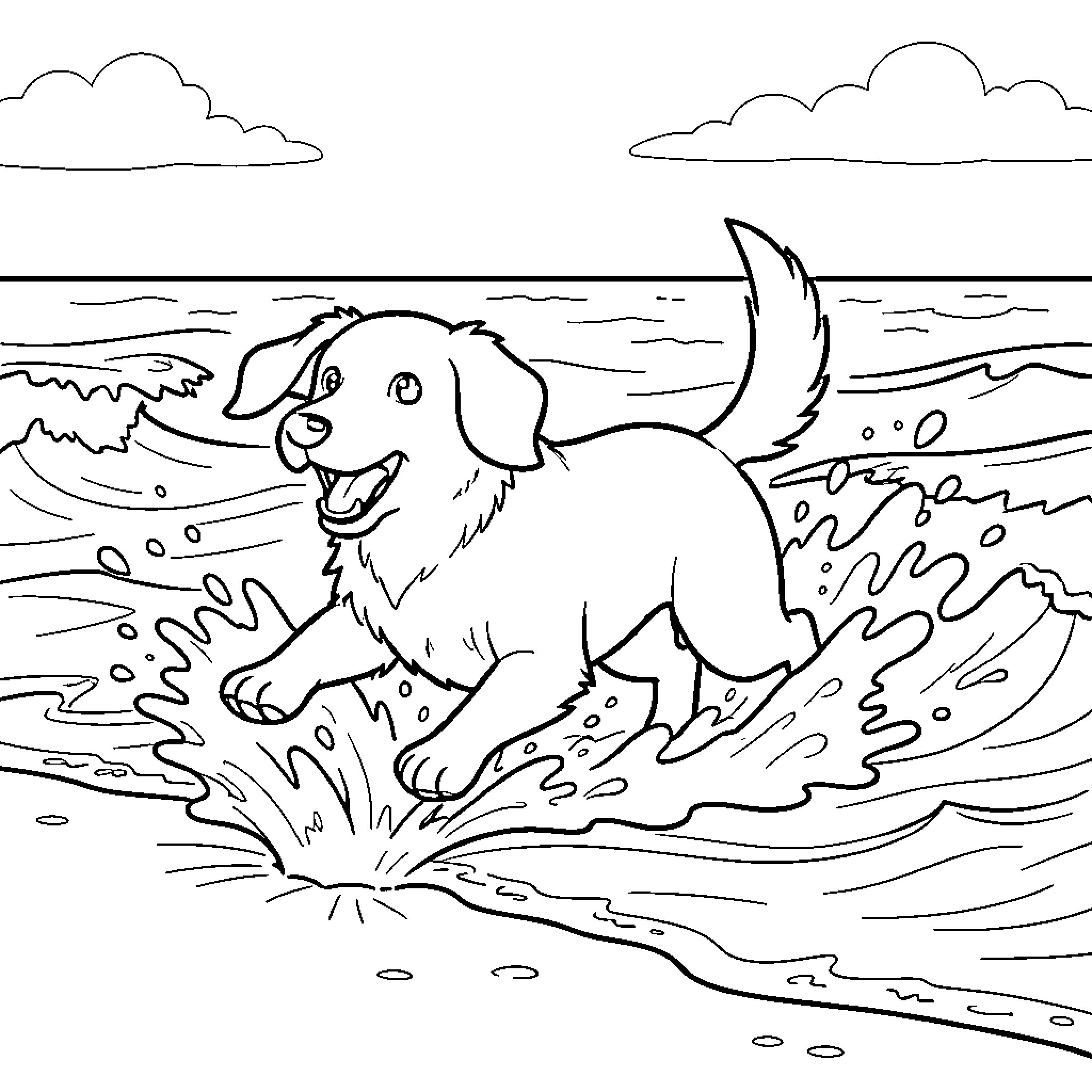 Dog running and splashing through ocean waves Coloring Page (free black-and-white line drawing printable PDF for all, from beginners to advanced learners, including children, teens, adults, and seniors)