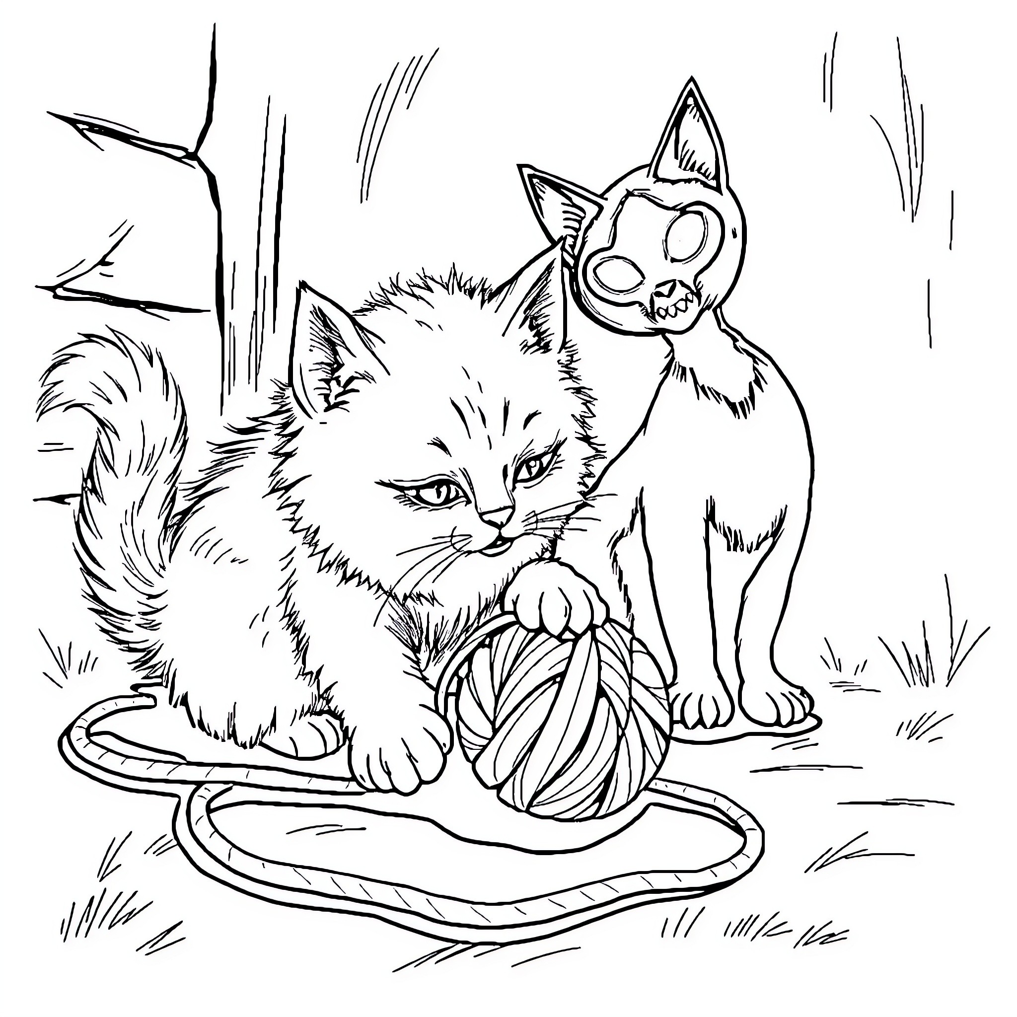 Cat playing with yarn and a friend Coloring Page (free black-and-white line drawing printable PDF for all, from beginners to advanced learners, including children, teens, adults, and seniors)