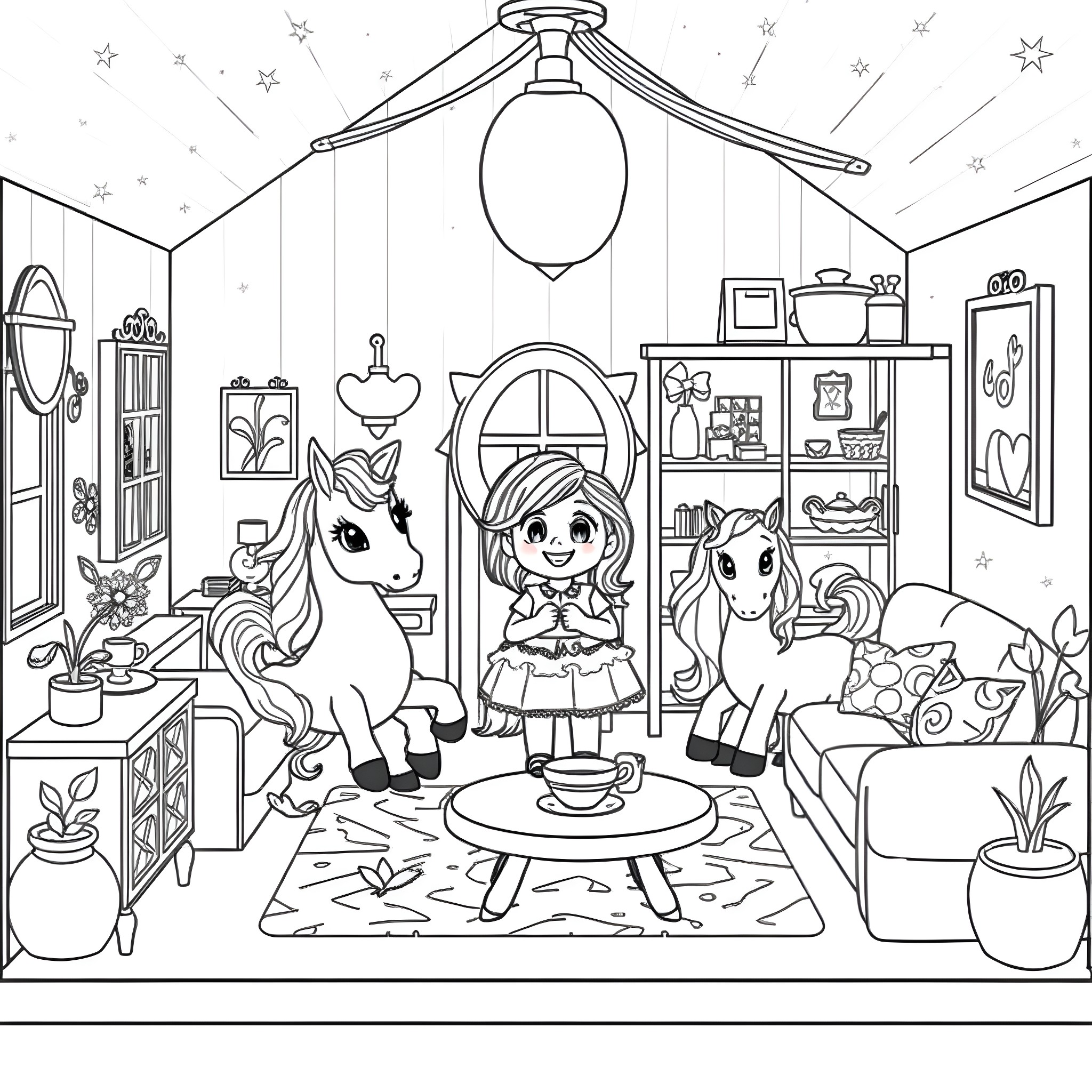 Gabby Dollhouse: Dolls and Pets Playing in Cozy Room Coloring Page (free black-and-white line drawing printable PDF for all, from beginners to advanced learners, including children, teens, adults, and seniors)
