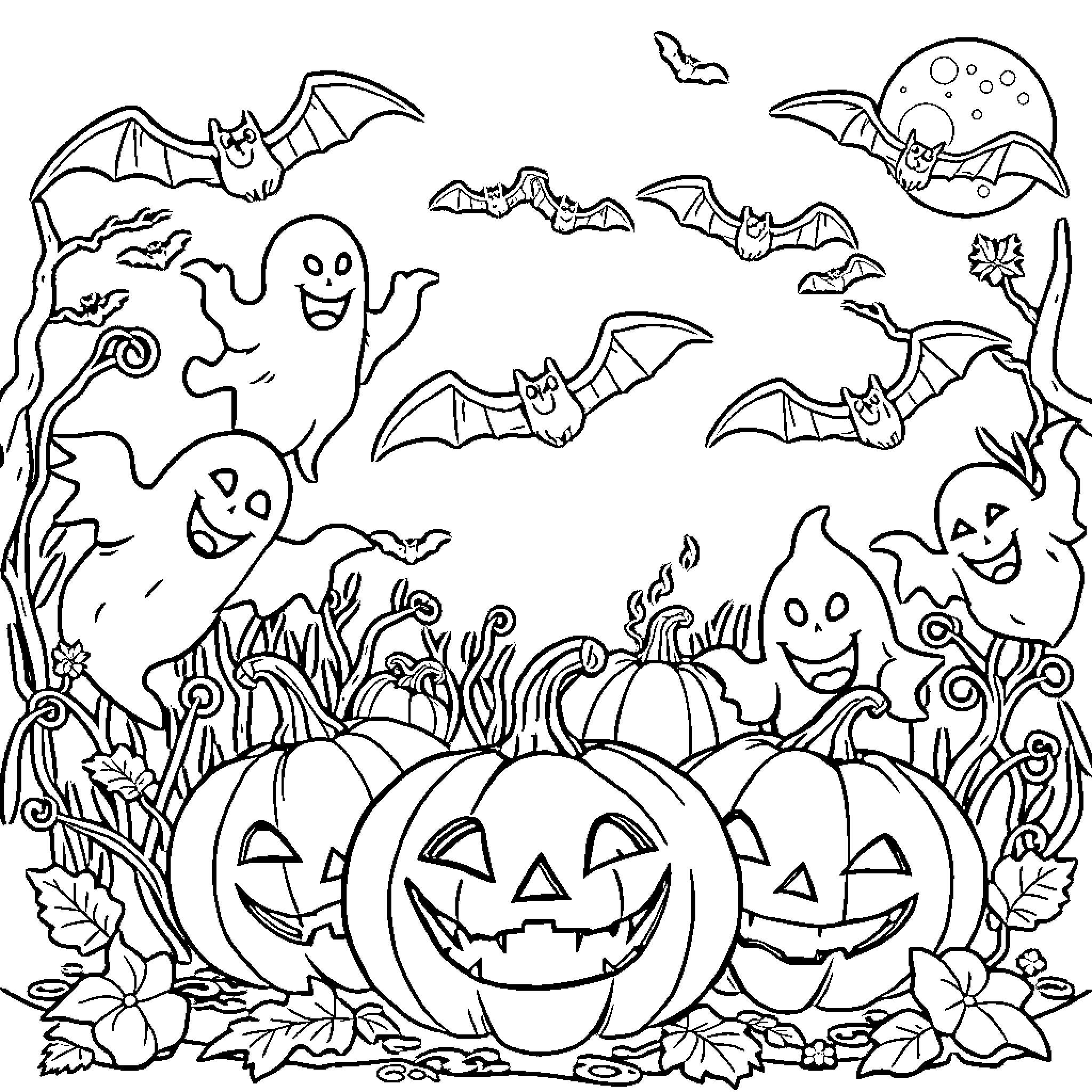 Halloween night with playful ghosts and pumpkins Coloring Page (free black-and-white line drawing printable PDF for all, from beginners to advanced learners, including children, teens, adults, and seniors)