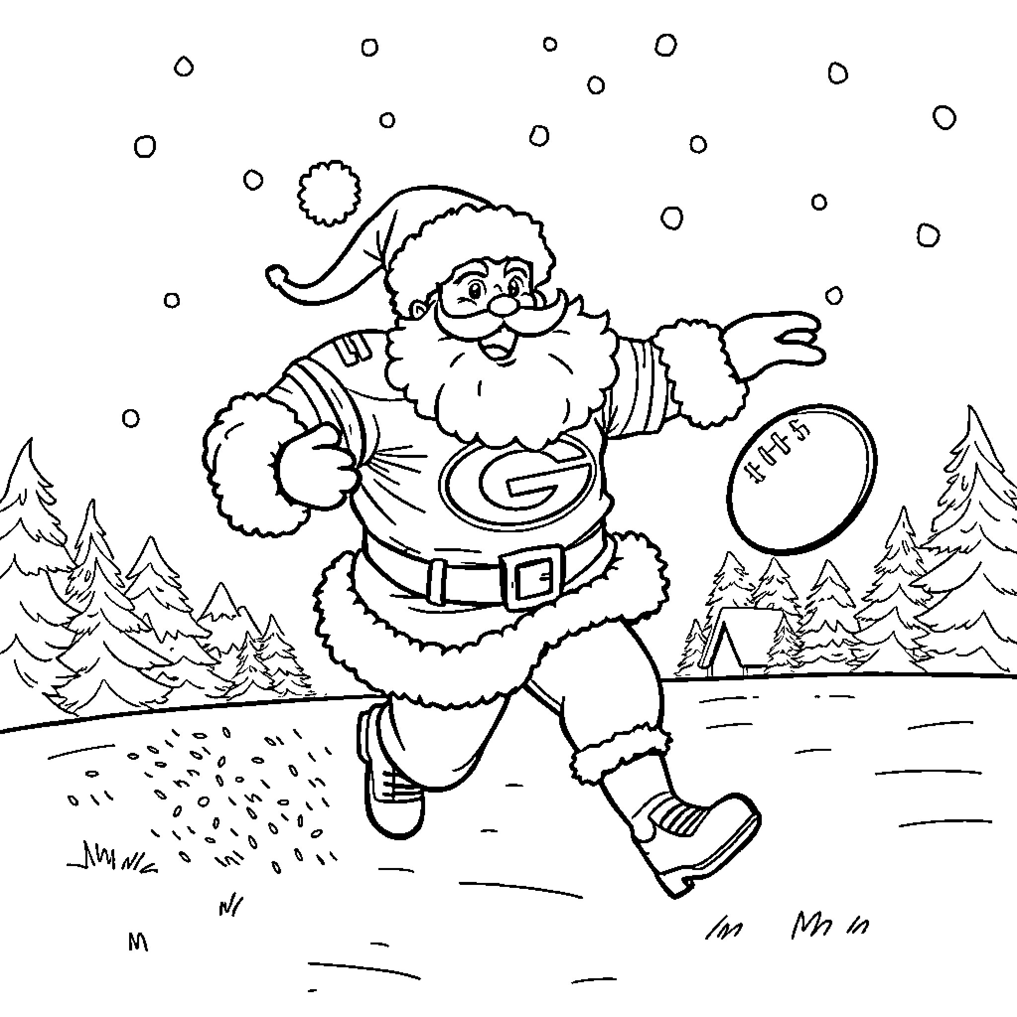 Santa delivering gifts in a snowy landscape Coloring Page (free black-and-white line drawing printable PDF for all, from beginners to advanced learners, including children, teens, adults, and seniors)