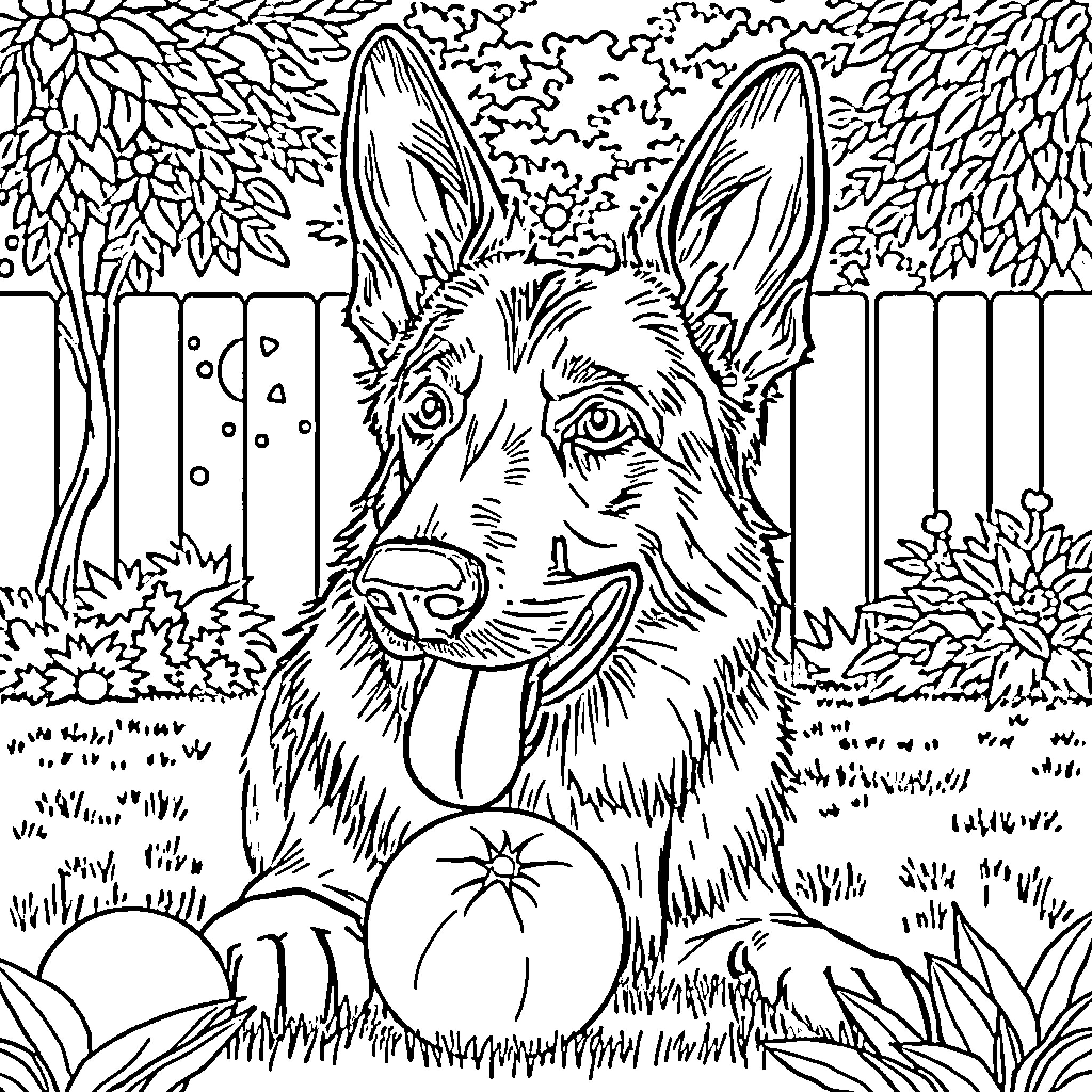 German Shepherd enjoying the outdoors Coloring Page (free black-and-white line drawing printable PDF for all, from beginners to advanced learners, including children, teens, adults, and seniors)