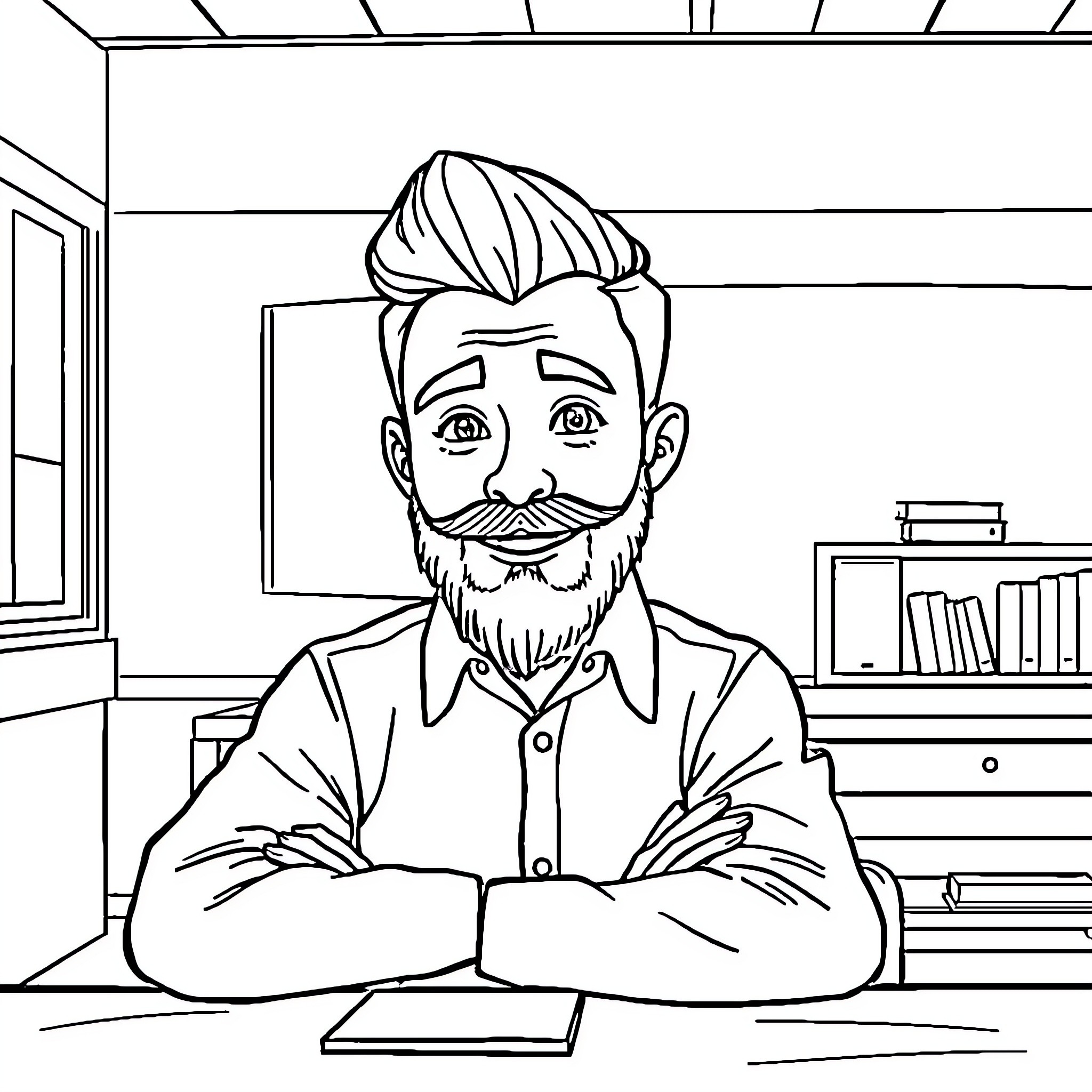 Teacher sitting pensively in the classroom Coloring Page (free black-and-white line drawing printable PDF for all, from beginners to advanced learners, including children, teens, adults, and seniors)