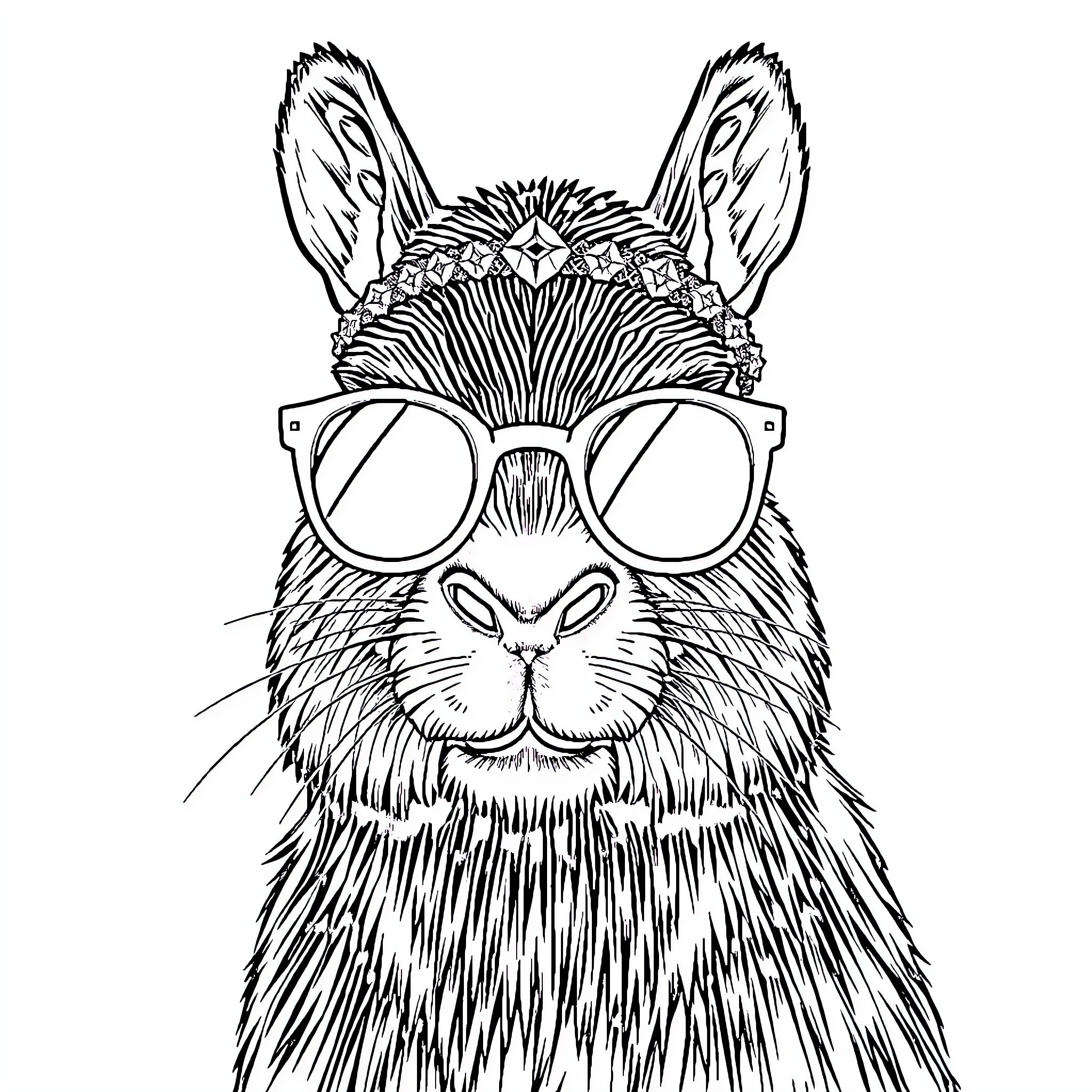 Capybara wearing stylish sunglasses and floral crown Coloring Page (free black-and-white line drawing printable PDF for all, from beginners to advanced learners, including children, teens, adults, and seniors)