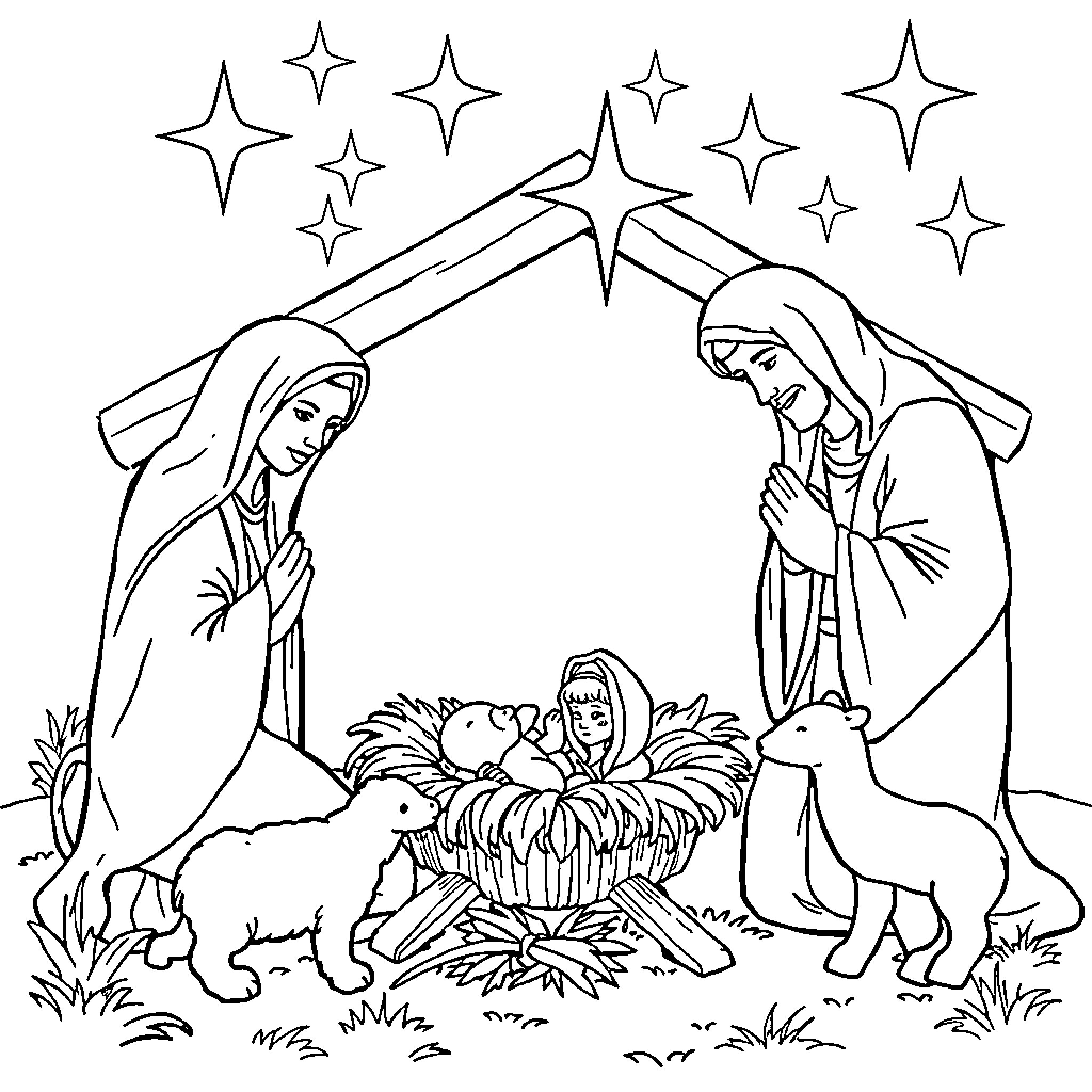 Nativity scene with holy family and animals Coloring Page (free black-and-white line drawing printable PDF for all, from beginners to advanced learners, including children, teens, adults, and seniors)