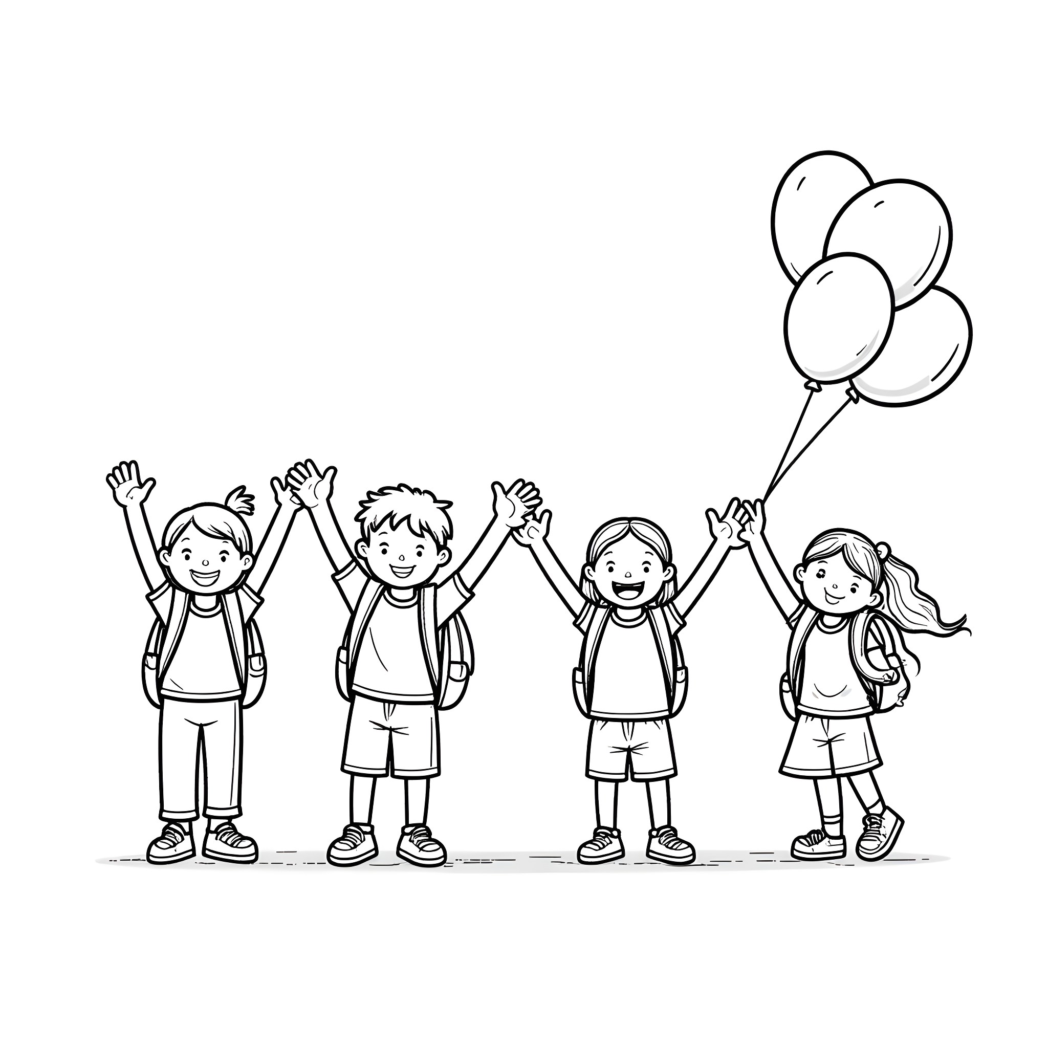 Kid friends celebrating with balloons Coloring Page (free black-and-white line drawing printable PDF for all, from beginners to advanced learners, including children, teens, adults, and seniors)
