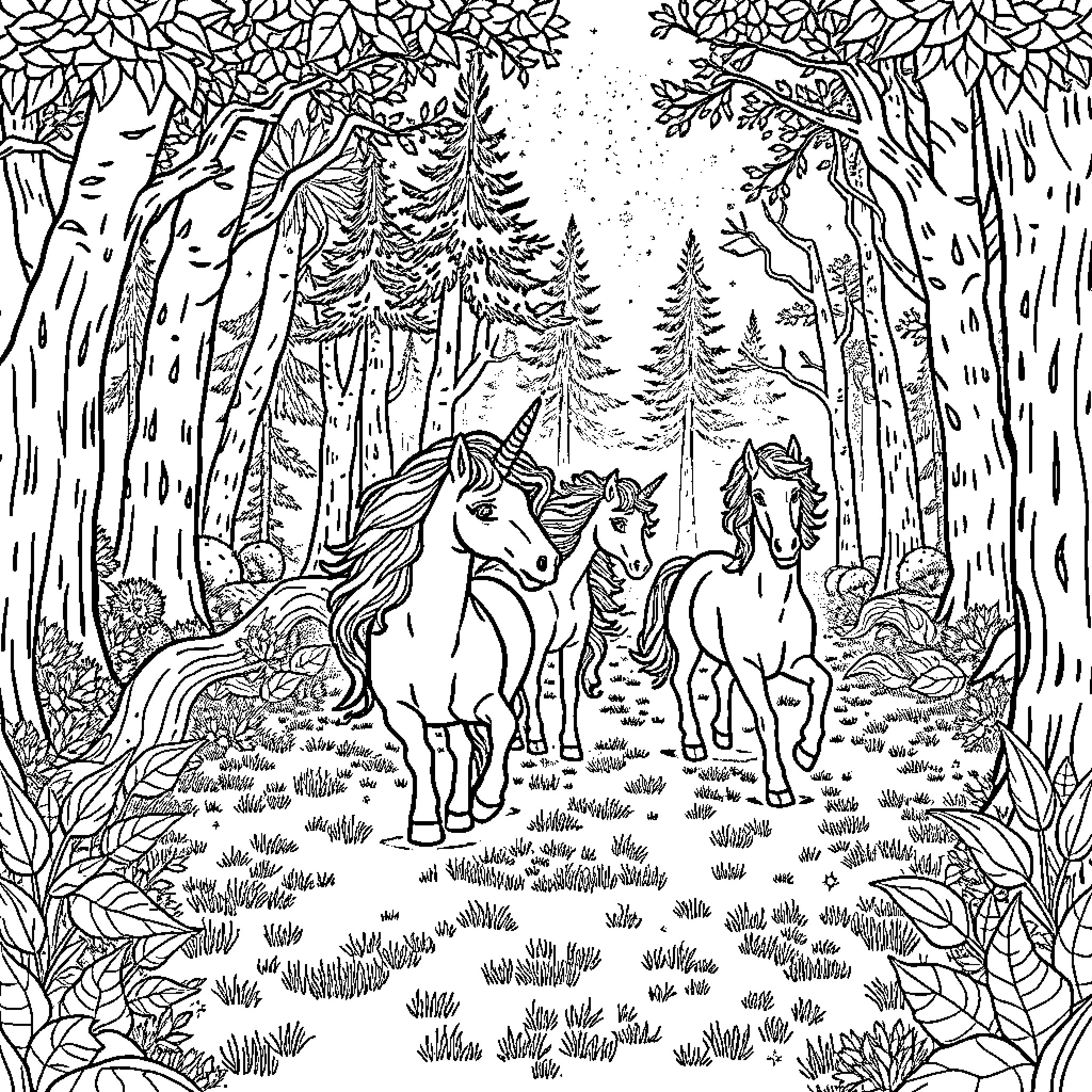 Unicorns exploring the enchanted forest Coloring Page (free black-and-white line drawing printable PDF for all, from beginners to advanced learners, including children, teens, adults, and seniors)