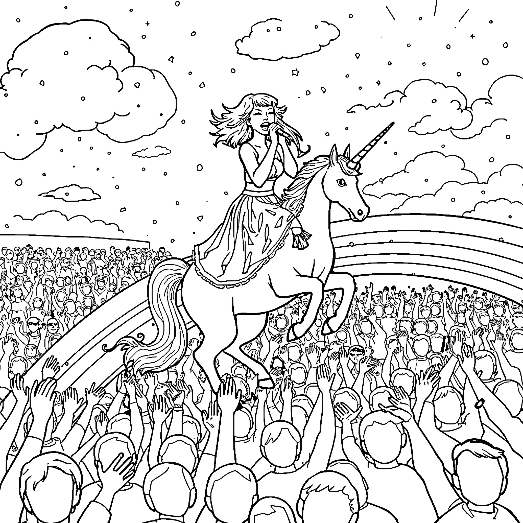 Taylor Swift riding a unicorn in a fantastical scene Coloring Page (free black-and-white line drawing printable PDF for all, from beginners to advanced learners, including children, teens, adults, and seniors)