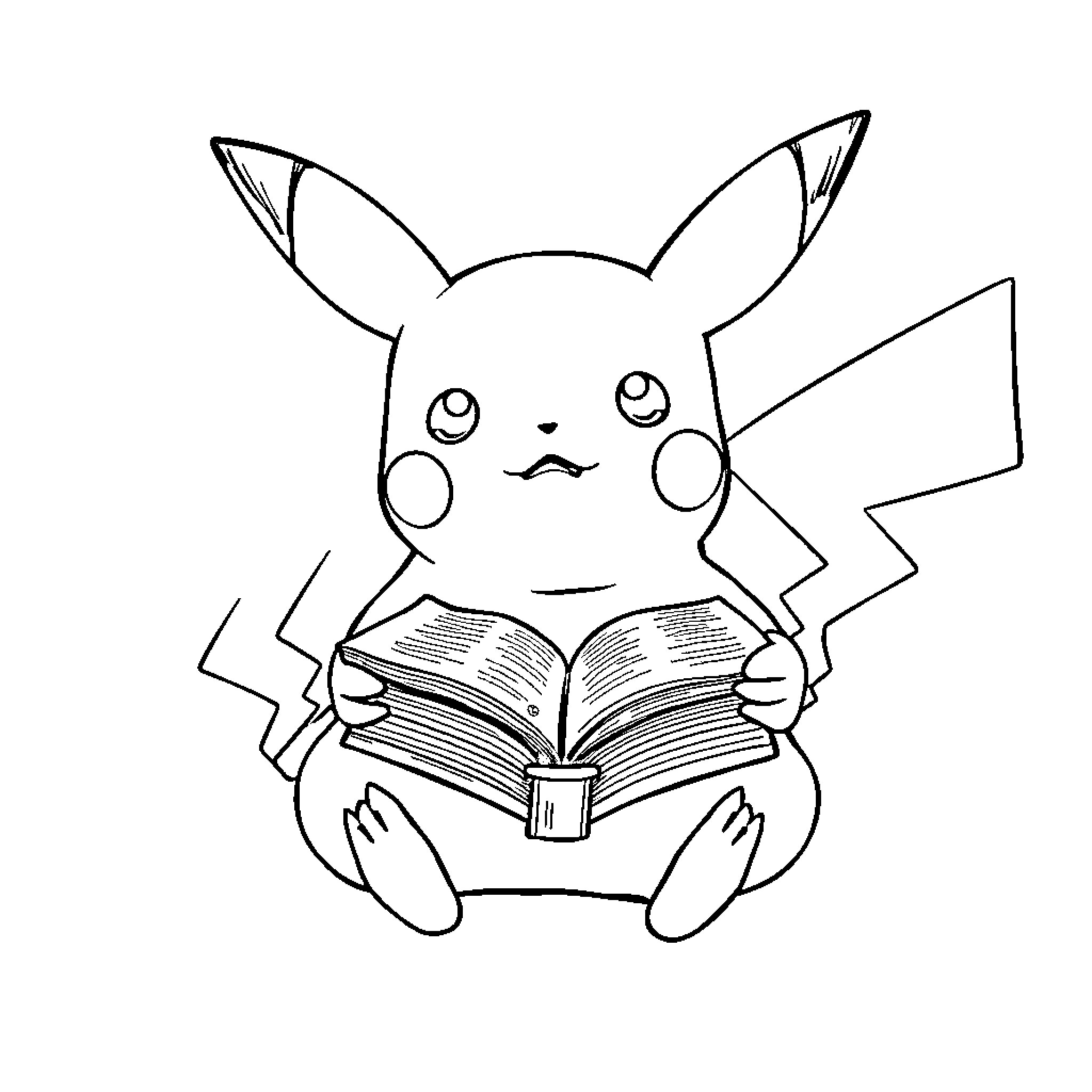 Pikachu reading a book happily Coloring Page (free black-and-white line drawing printable PDF for all, from beginners to advanced learners, including children, teens, adults, and seniors)