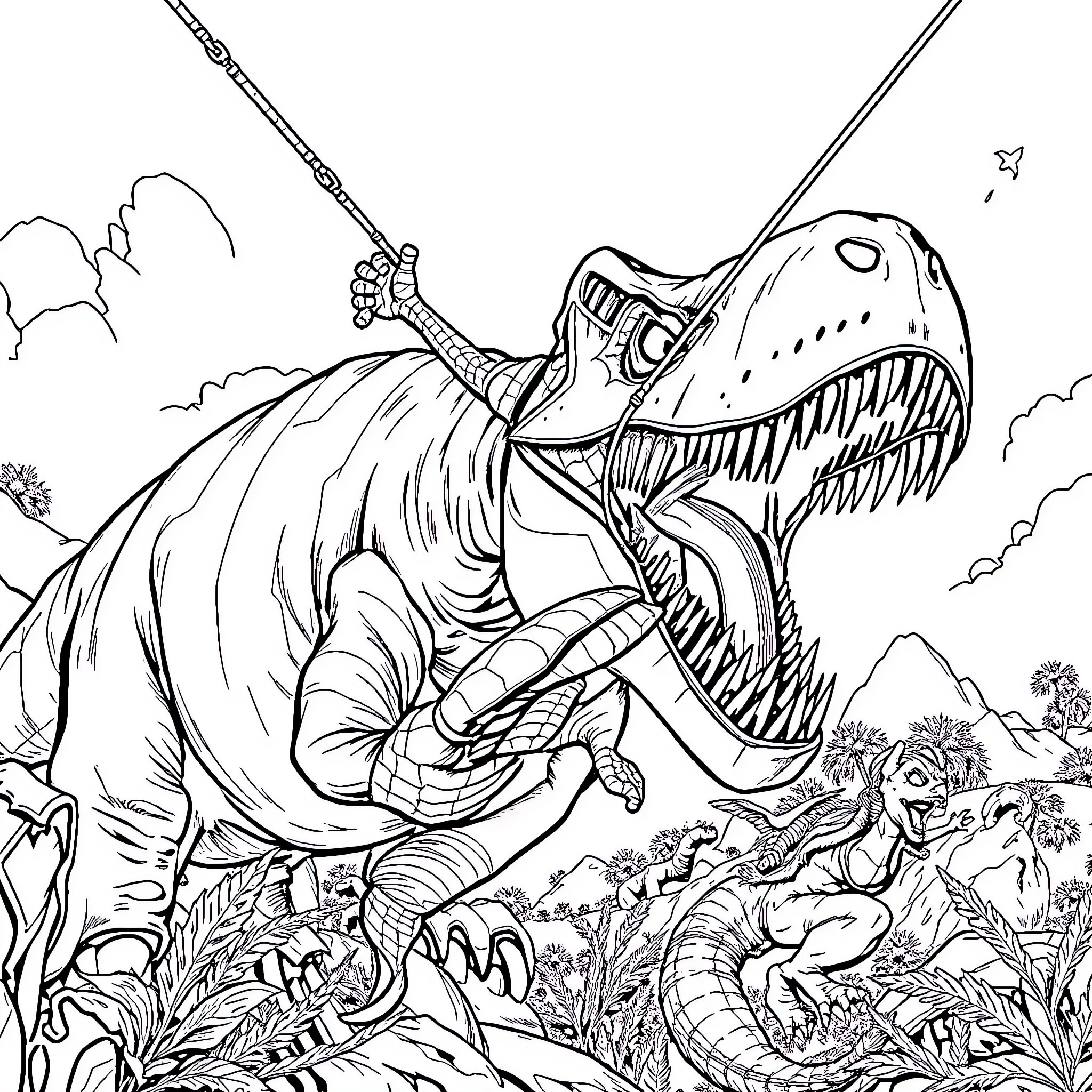 Spider-Man battles fearsome dinosaur in prehistoric landscape Coloring Page (free black-and-white line drawing printable PDF for all, from beginners to advanced learners, including children, teens, adults, and seniors)
