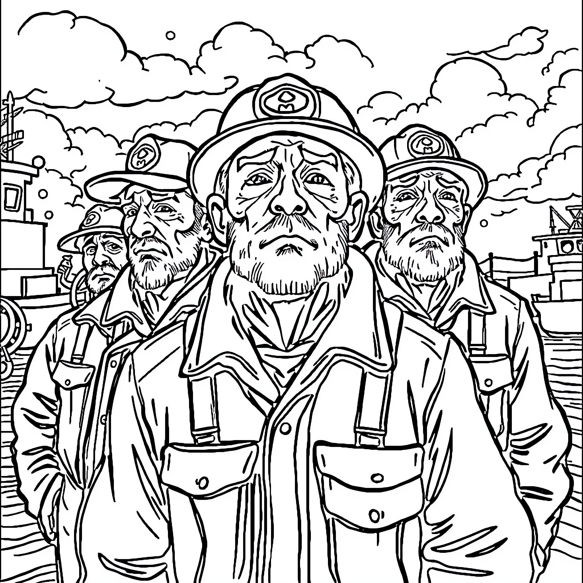 Longshoremen at work in the port Coloring Page (free black-and-white line drawing printable PDF for all, from beginners to advanced learners, including children, teens, adults, and seniors)