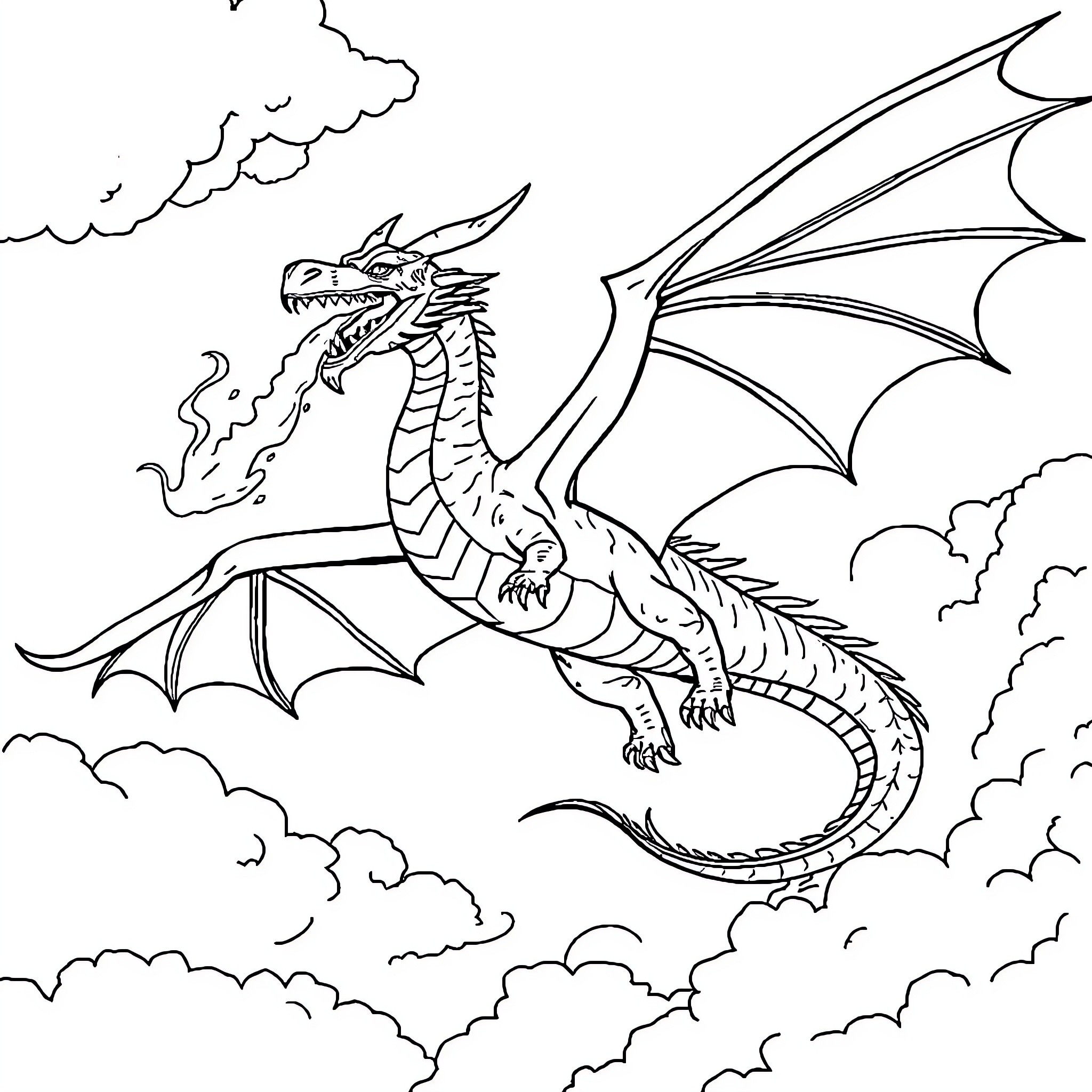 Dragon soaring above the clouds with powerful wings Coloring Page (free black-and-white line drawing printable PDF for all, from beginners to advanced learners, including children, teens, adults, and seniors)