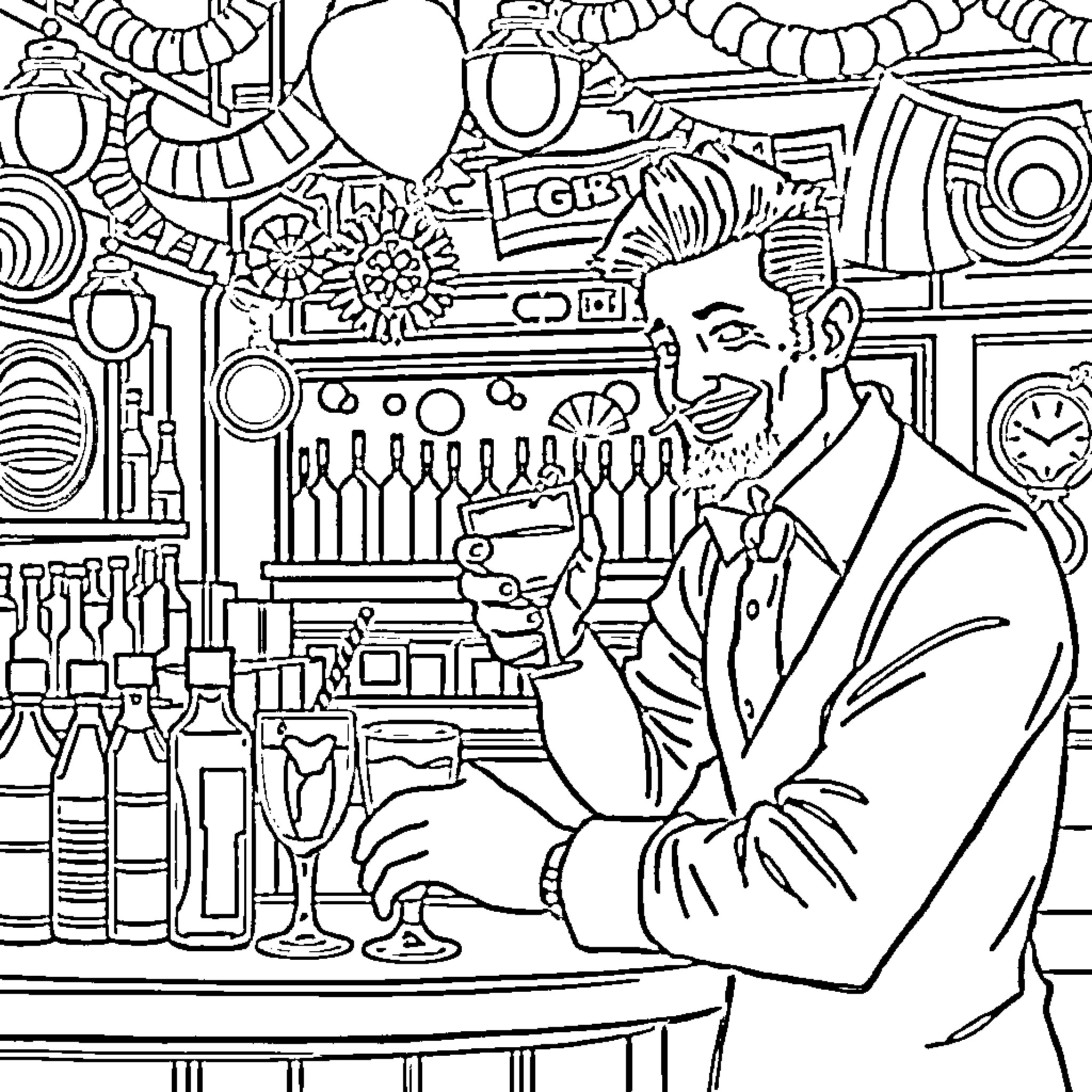Barman preparing drinks at the lively bar Coloring Page (free black-and-white line drawing printable PDF for all, from beginners to advanced learners, including children, teens, adults, and seniors)