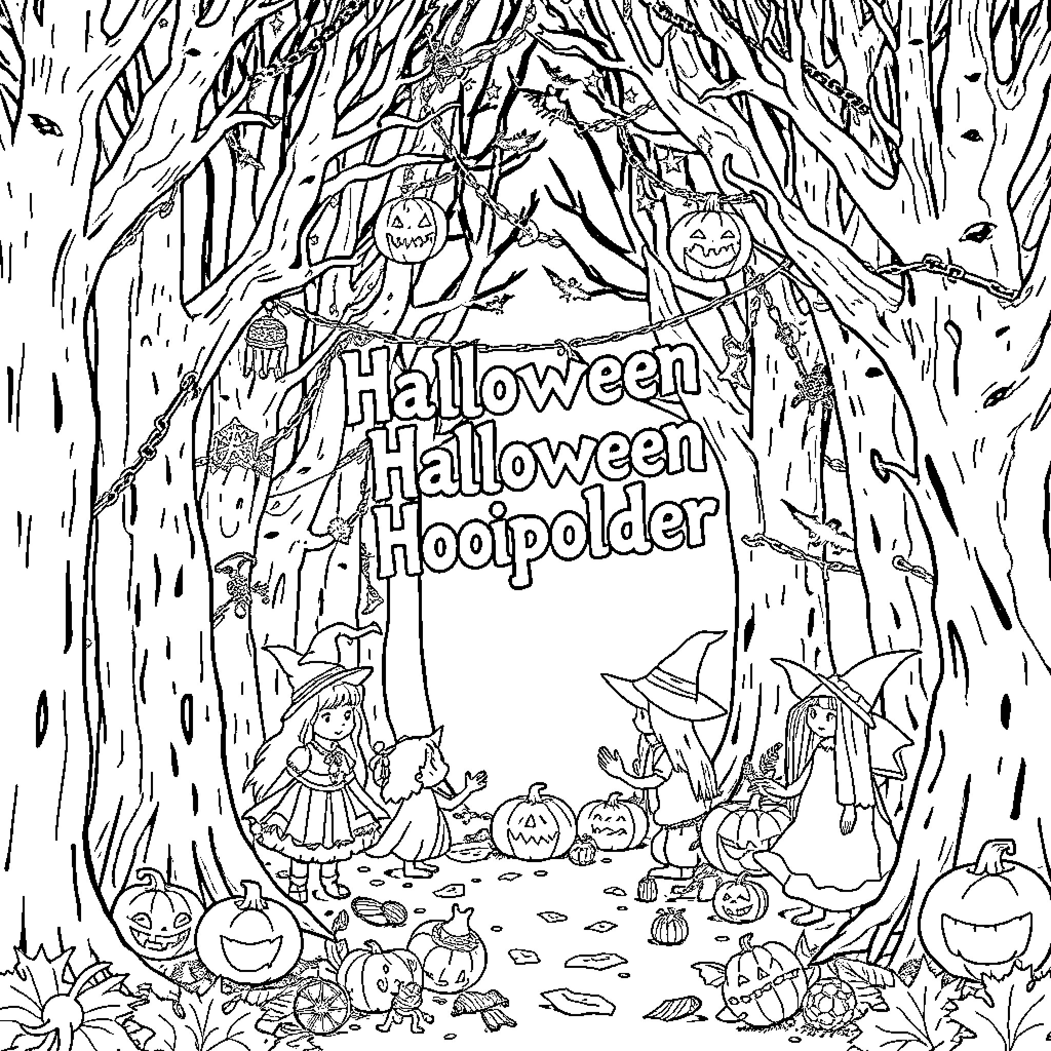 Halloween Halloween Hoopolder Coloring Page (free black-and-white line drawing printable PDF for all, from beginners to advanced learners, including children, teens, adults, and seniors)