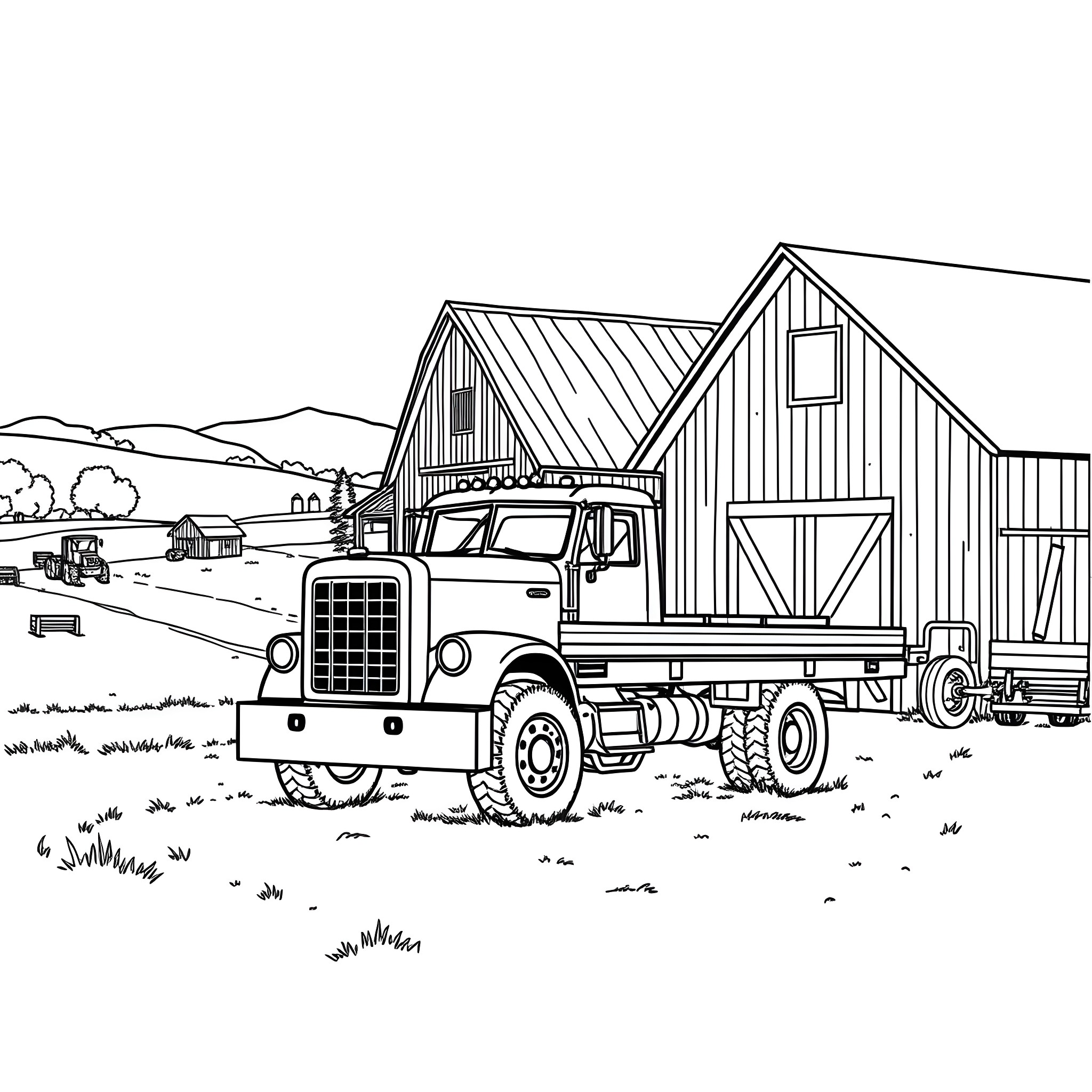 Flatbed truck transporting a barn in rural landscape Coloring Page (free black-and-white line drawing printable PDF for all, from beginners to advanced learners, including children, teens, adults, and seniors)