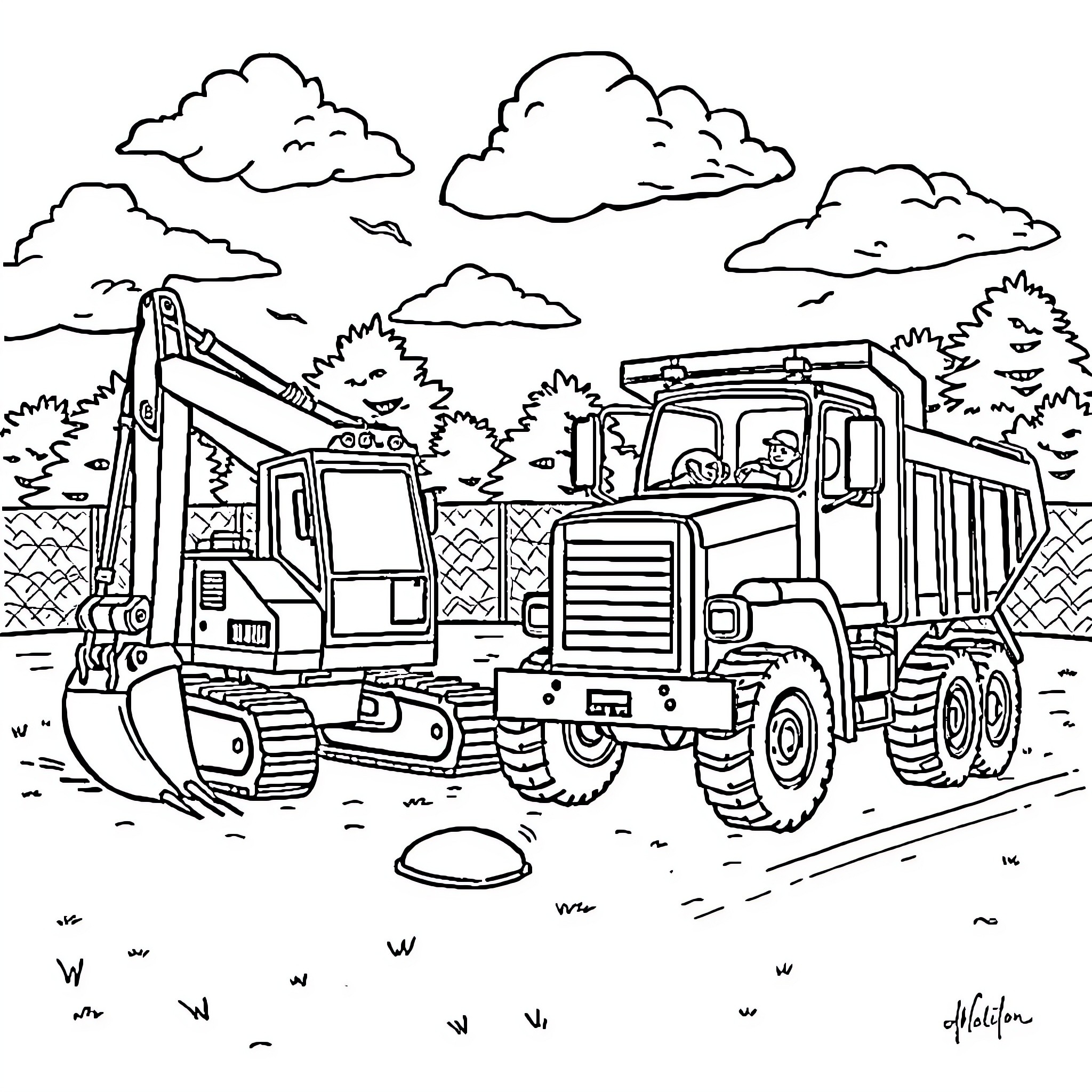 Excavator and dump truck working on construction site Coloring Page (free black-and-white line drawing printable PDF for all, from beginners to advanced learners, including children, teens, adults, and seniors)