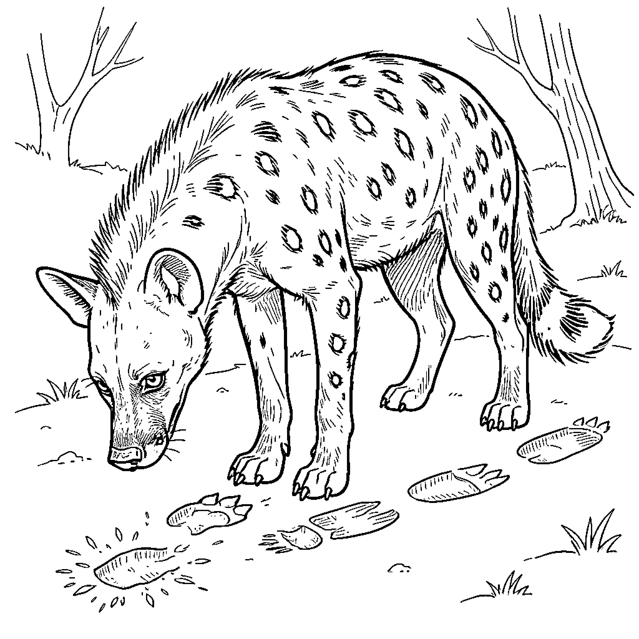 Hyena sniffing animal tracks on the ground Coloring Page (free black-and-white line drawing printable PDF for all, from beginners to advanced learners, including children, teens, adults, and seniors)