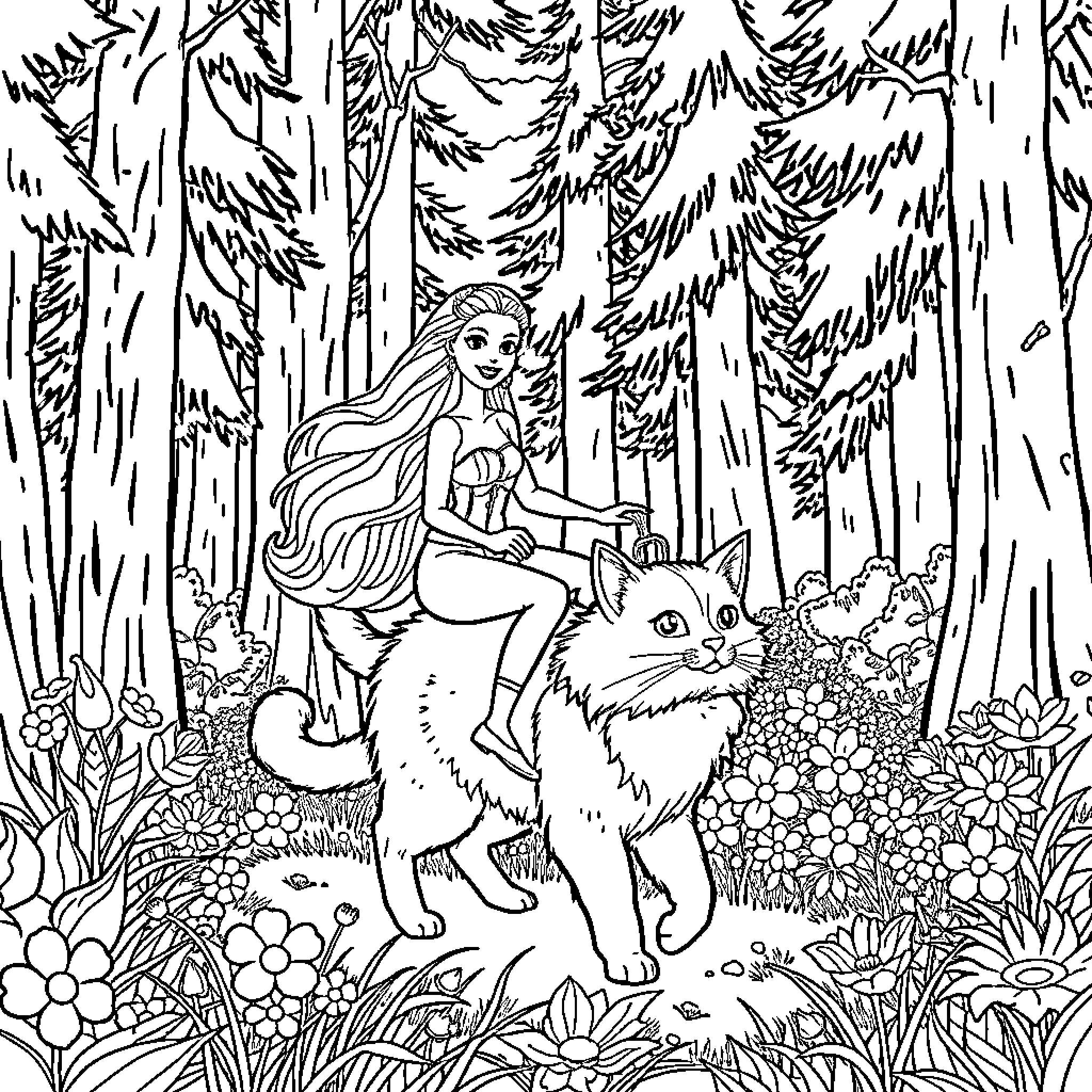 Barbie riding a forest animal in a magical woodland Coloring Page (free black-and-white line drawing printable PDF for all, from beginners to advanced learners, including children, teens, adults, and seniors)