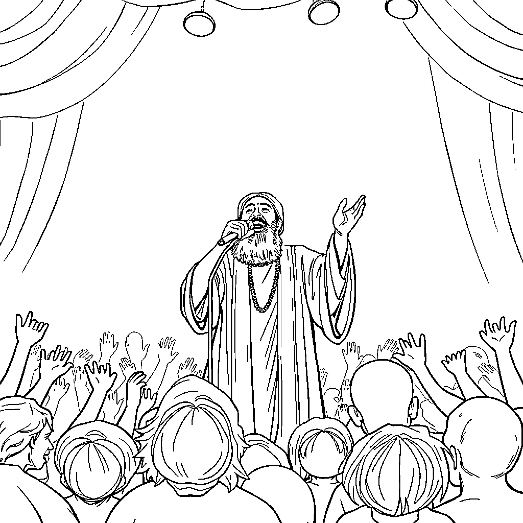 Rumi preaching to an attentive audience Coloring Page (free black-and-white line drawing printable PDF for all, from beginners to advanced learners, including children, teens, adults, and seniors)