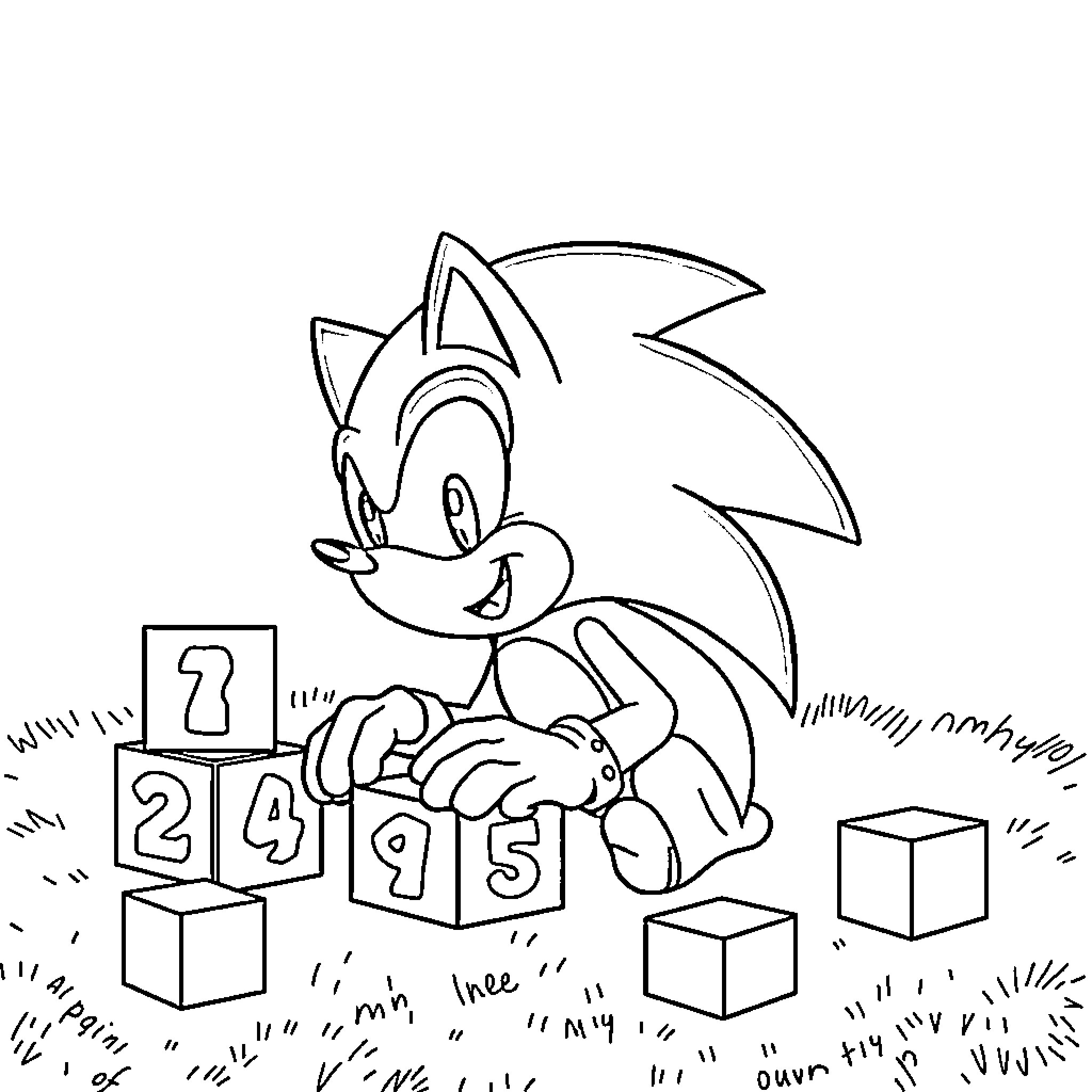 Sonic Playing with Numbered Blocks Coloring Page (free black-and-white line drawing printable PDF for all, from beginners to advanced learners, including children, teens, adults, and seniors)