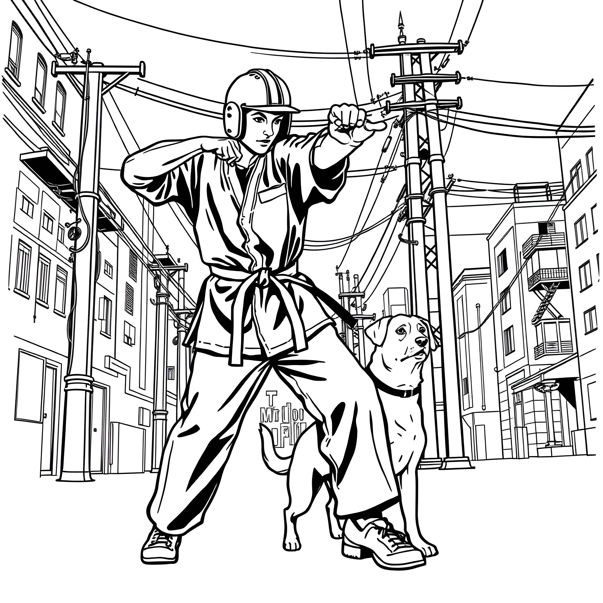 Metro Employee Repairing Power Lines with Dog Companion Coloring Page (free black-and-white line drawing printable PDF for all, from beginners to advanced learners, including children, teens, adults, and seniors)