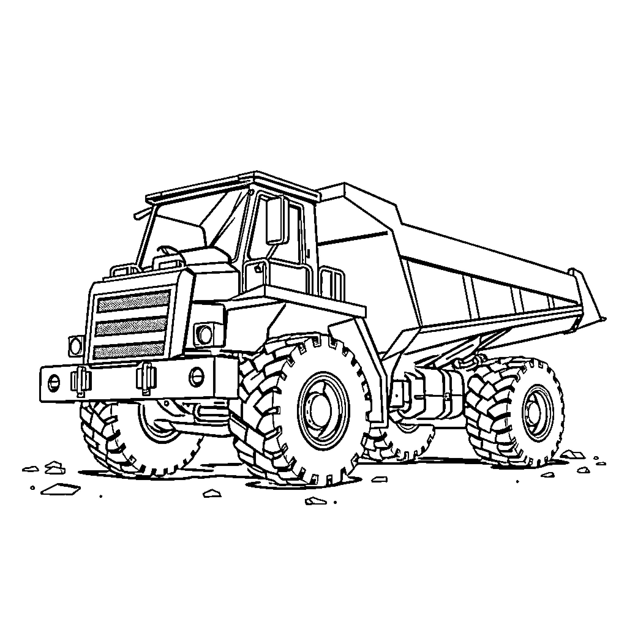Camion transporting heavy load on rugged terrain Coloring Page (free black-and-white line drawing printable PDF for all, from beginners to advanced learners, including children, teens, adults, and seniors)