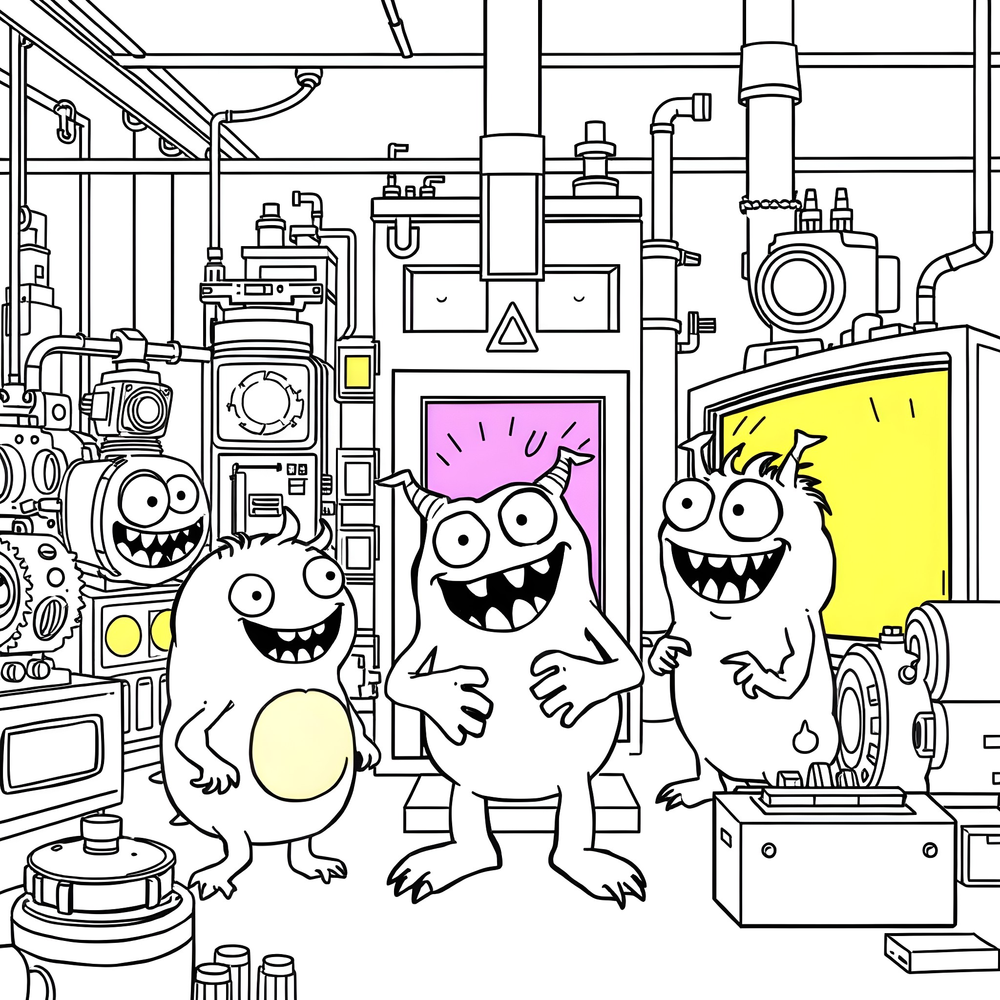Monster friends exploring a mechanical workshop Coloring Page (free black-and-white line drawing printable PDF for all, from beginners to advanced learners, including children, teens, adults, and seniors)