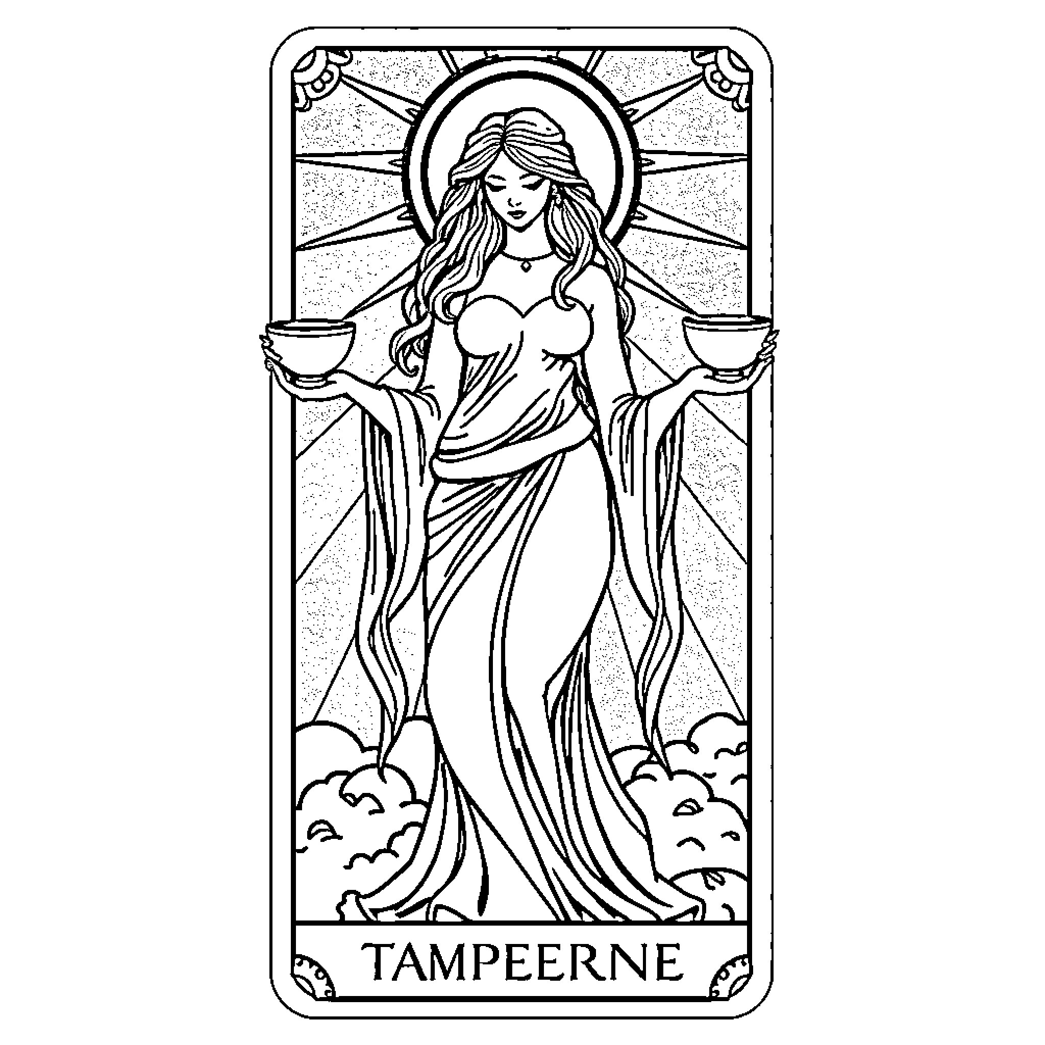 Temperance - Serene female figure in stained glass setting Coloring Page (free black-and-white line drawing printable PDF for all, from beginners to advanced learners, including children, teens, adults, and seniors)
