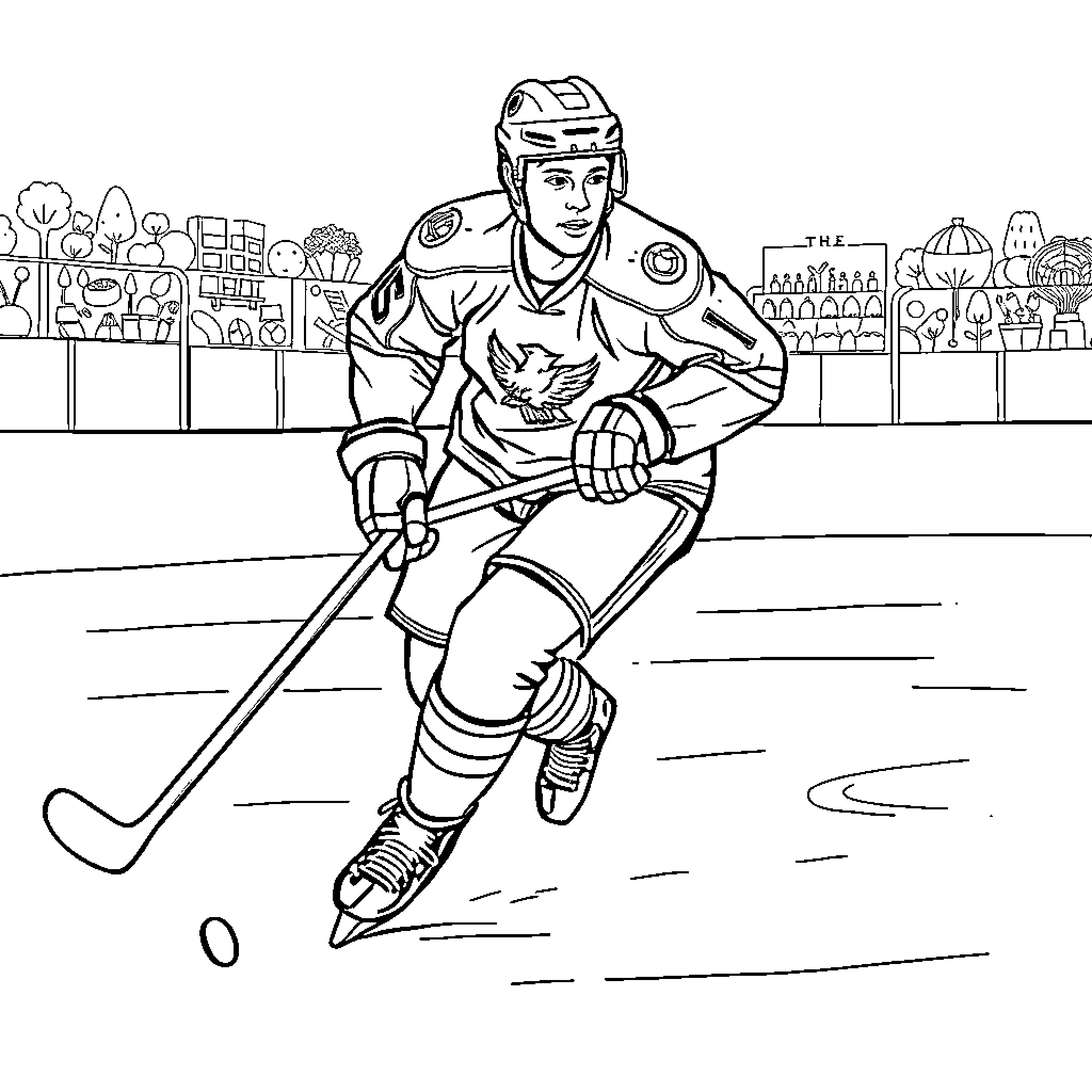 Hockey Player in Uniform Skating on Ice Coloring Page (free black-and-white line drawing printable PDF for all, from beginners to advanced learners, including children, teens, adults, and seniors)