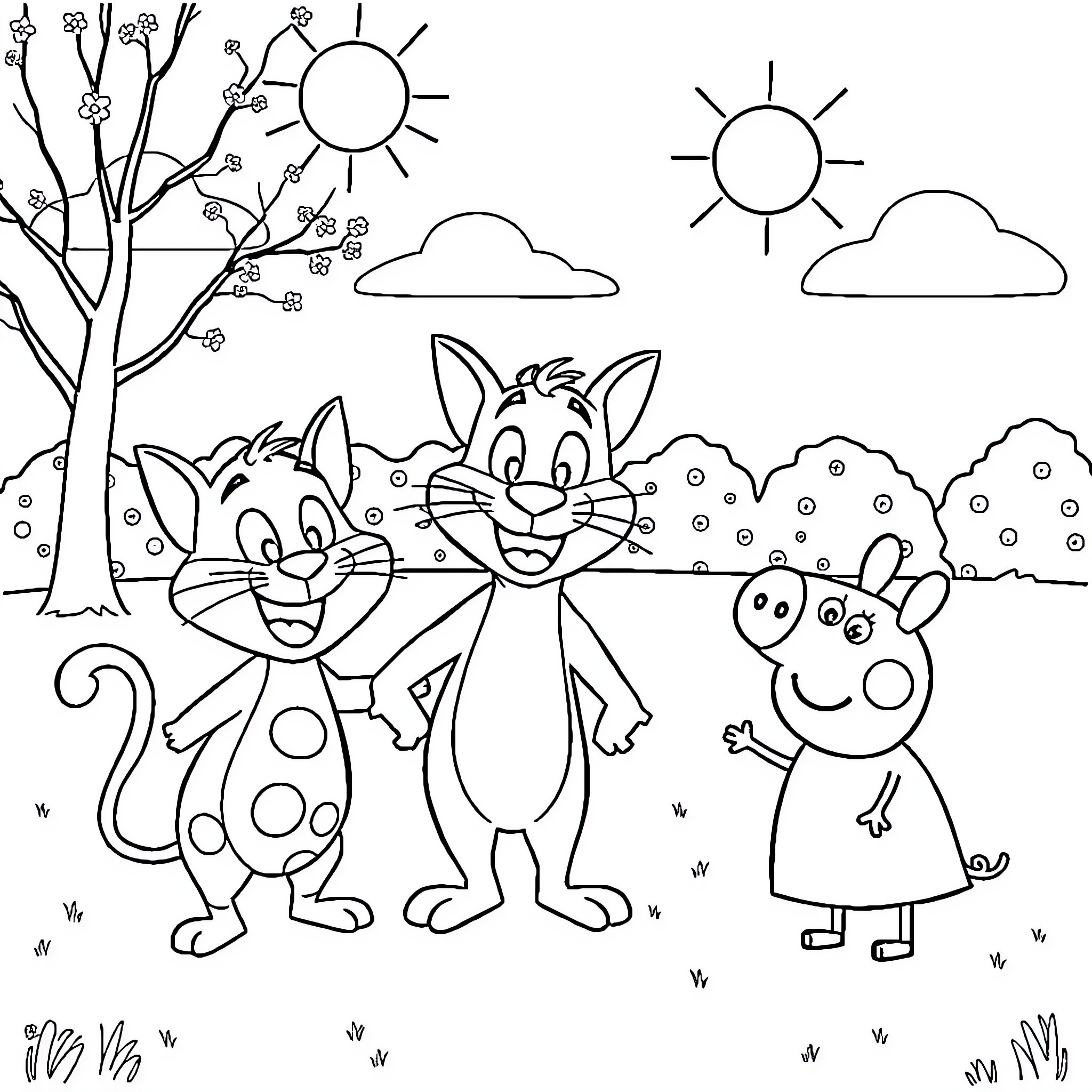 Buey Cats and Pig Friends Enjoying Sunny Day Coloring Page (free black-and-white line drawing printable PDF for all, from beginners to advanced learners, including children, teens, adults, and seniors)