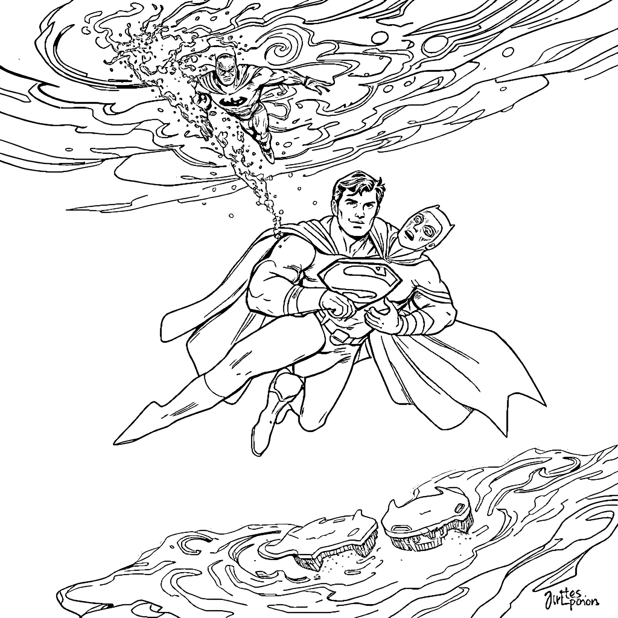 Superman Soaring Through Cosmic Chaos Coloring Page (free black-and-white line drawing printable PDF for all, from beginners to advanced learners, including children, teens, adults, and seniors)