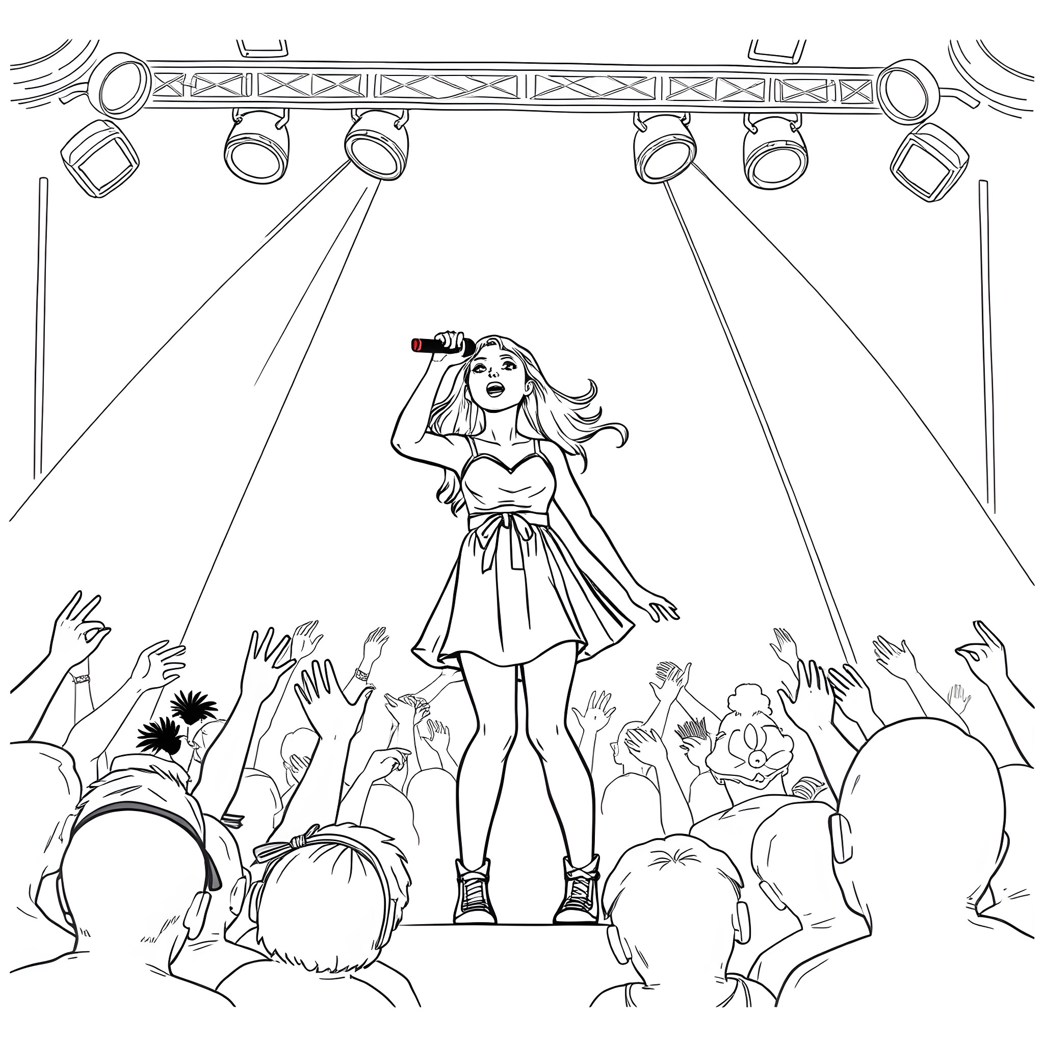 Teen Girl Performing on Stage with Crowd Coloring Page (free black-and-white line drawing printable PDF for all, from beginners to advanced learners, including children, teens, adults, and seniors)