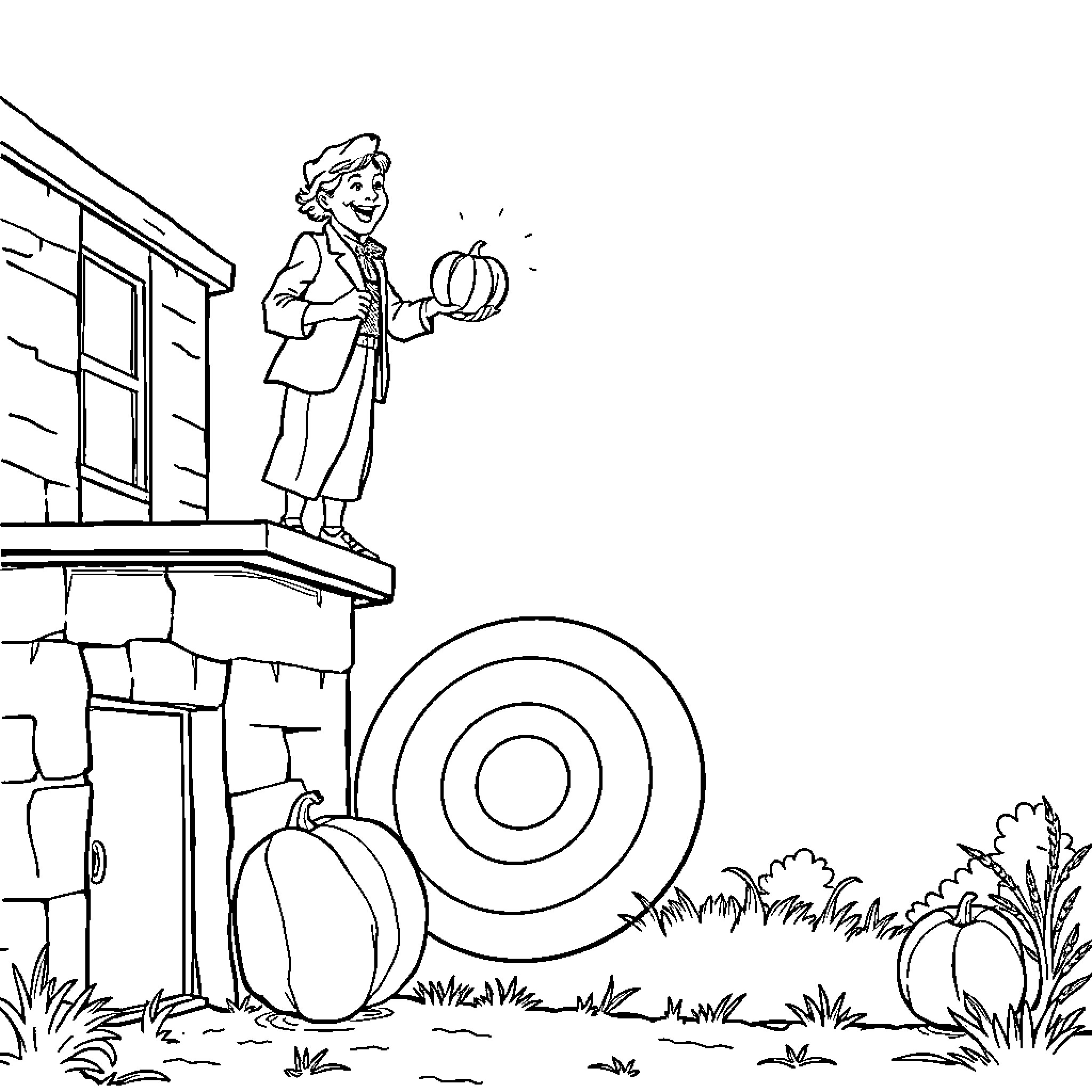Teacher enthusiastically holds pumpkin on school grounds Coloring Page (free black-and-white line drawing printable PDF for all, from beginners to advanced learners, including children, teens, adults, and seniors)