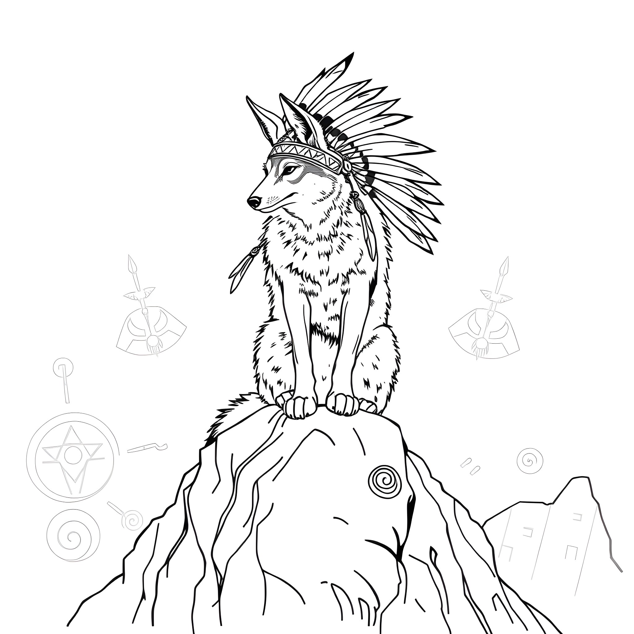 Coyote wearing tribal headdress on mountain Coloring Page (free black-and-white line drawing printable PDF for all, from beginners to advanced learners, including children, teens, adults, and seniors)