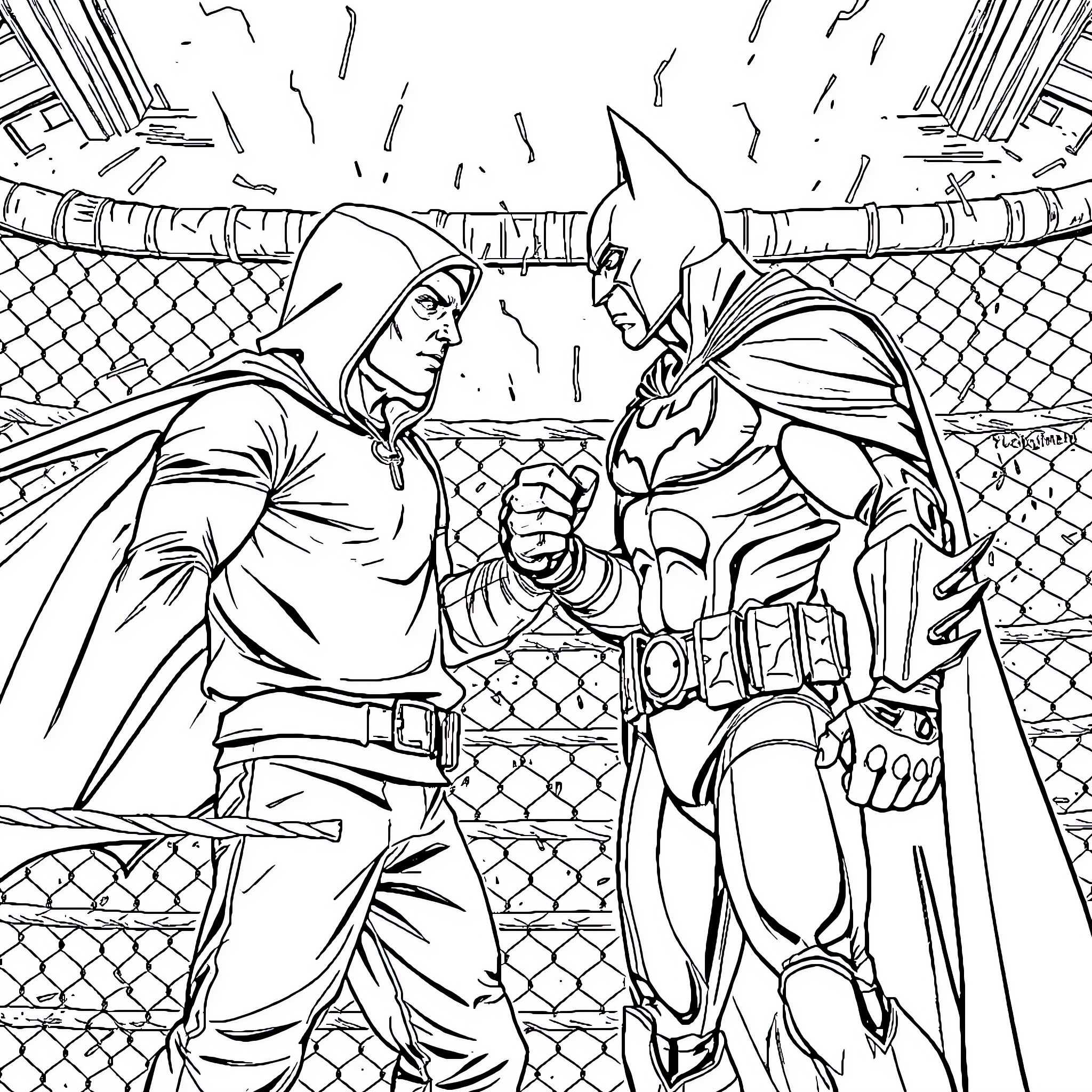 Eminem and Batman face off in a fierce battle Coloring Page (free black-and-white line drawing printable PDF for all, from beginners to advanced learners, including children, teens, adults, and seniors)