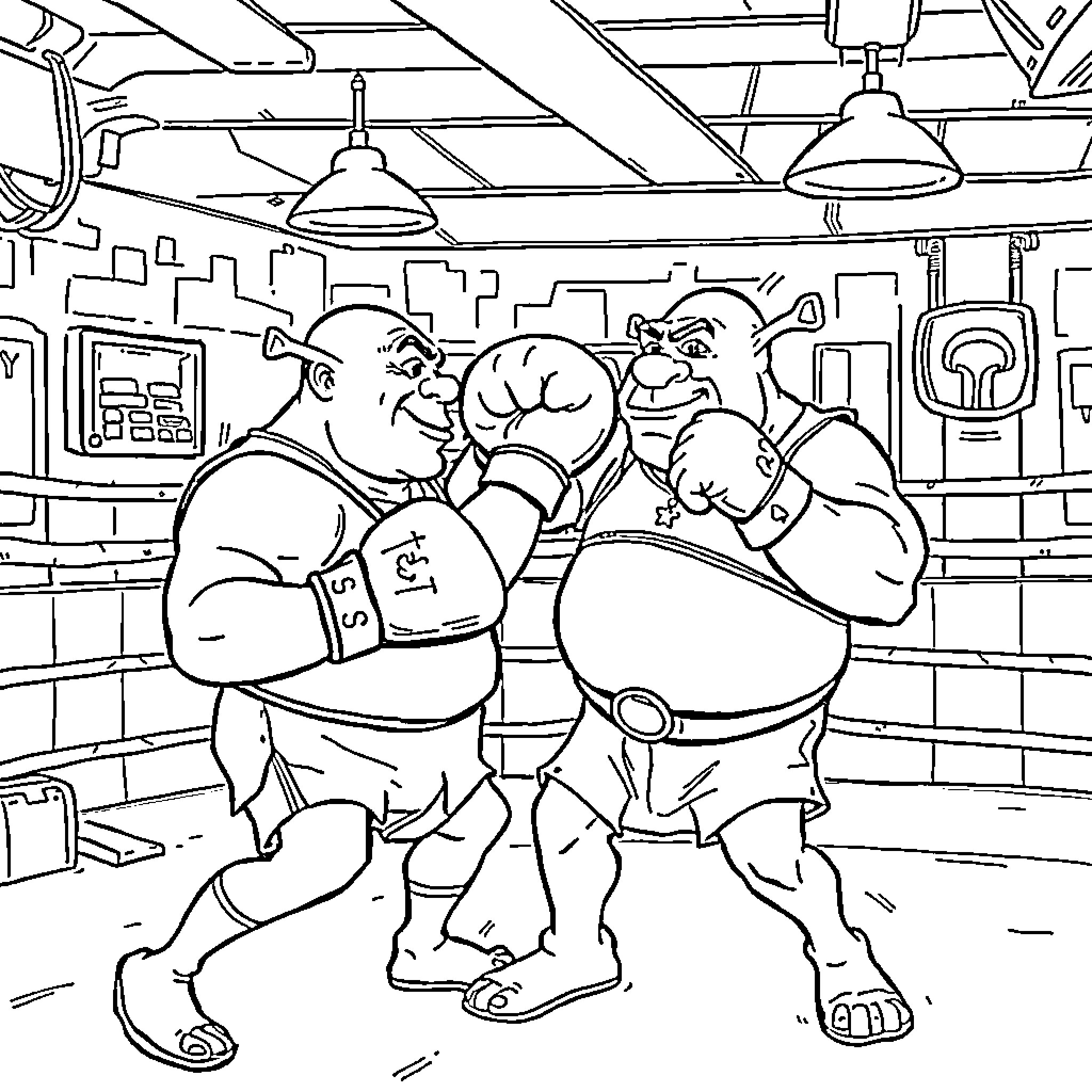 Mike Tyson boxing in a ring with another fighter Coloring Page (free black-and-white line drawing printable PDF for all, from beginners to advanced learners, including children, teens, adults, and seniors)