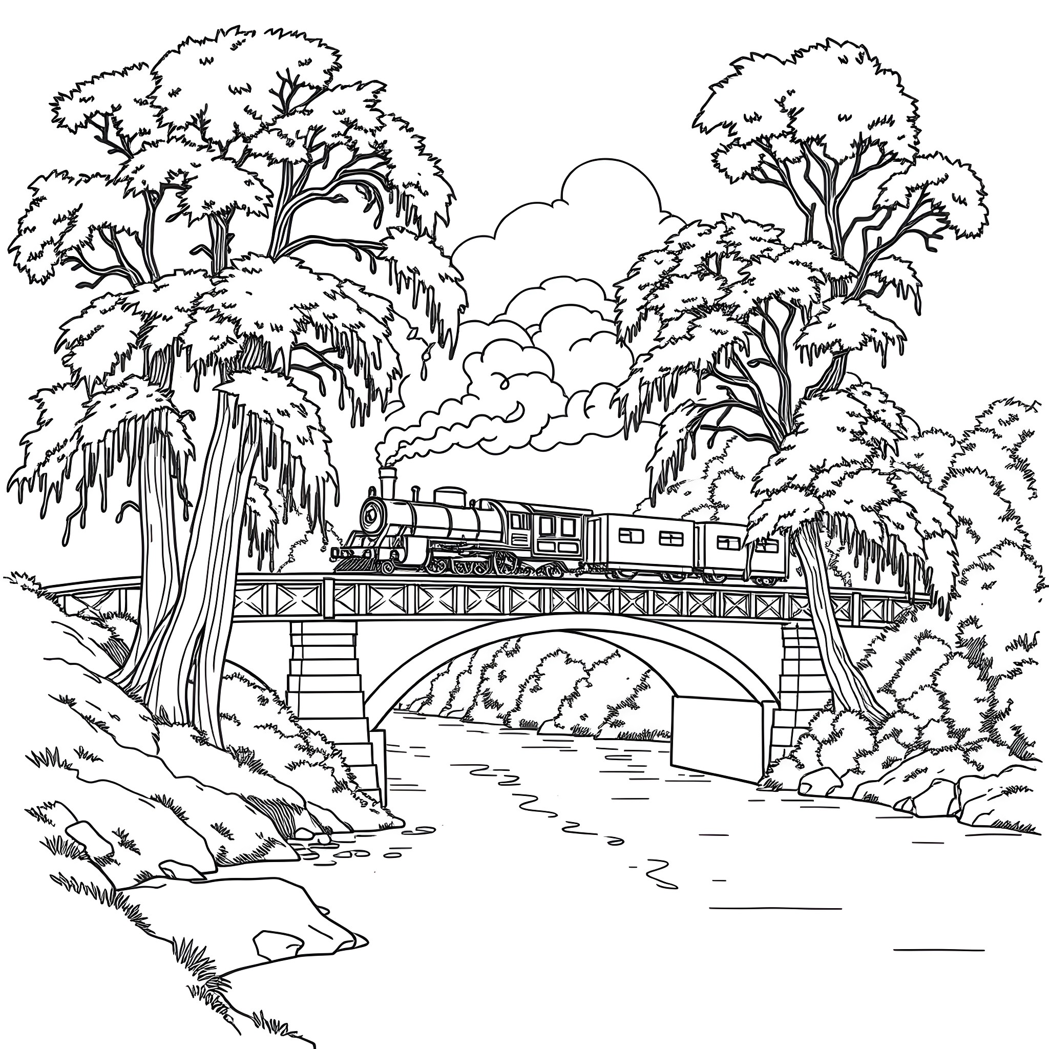 Train crossing bridge through lush forest landscape Coloring Page (free black-and-white line drawing printable PDF for all, from beginners to advanced learners, including children, teens, adults, and seniors)