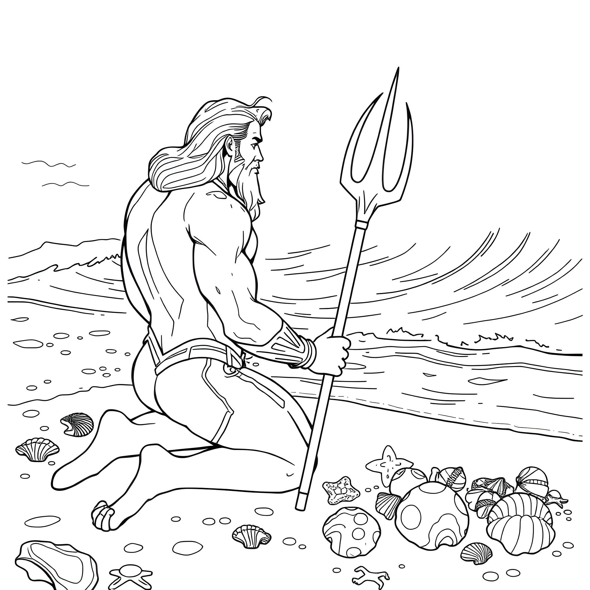 Aquaman wielding trident in the underwater realm Coloring Page (free black-and-white line drawing printable PDF for all, from beginners to advanced learners, including children, teens, adults, and seniors)