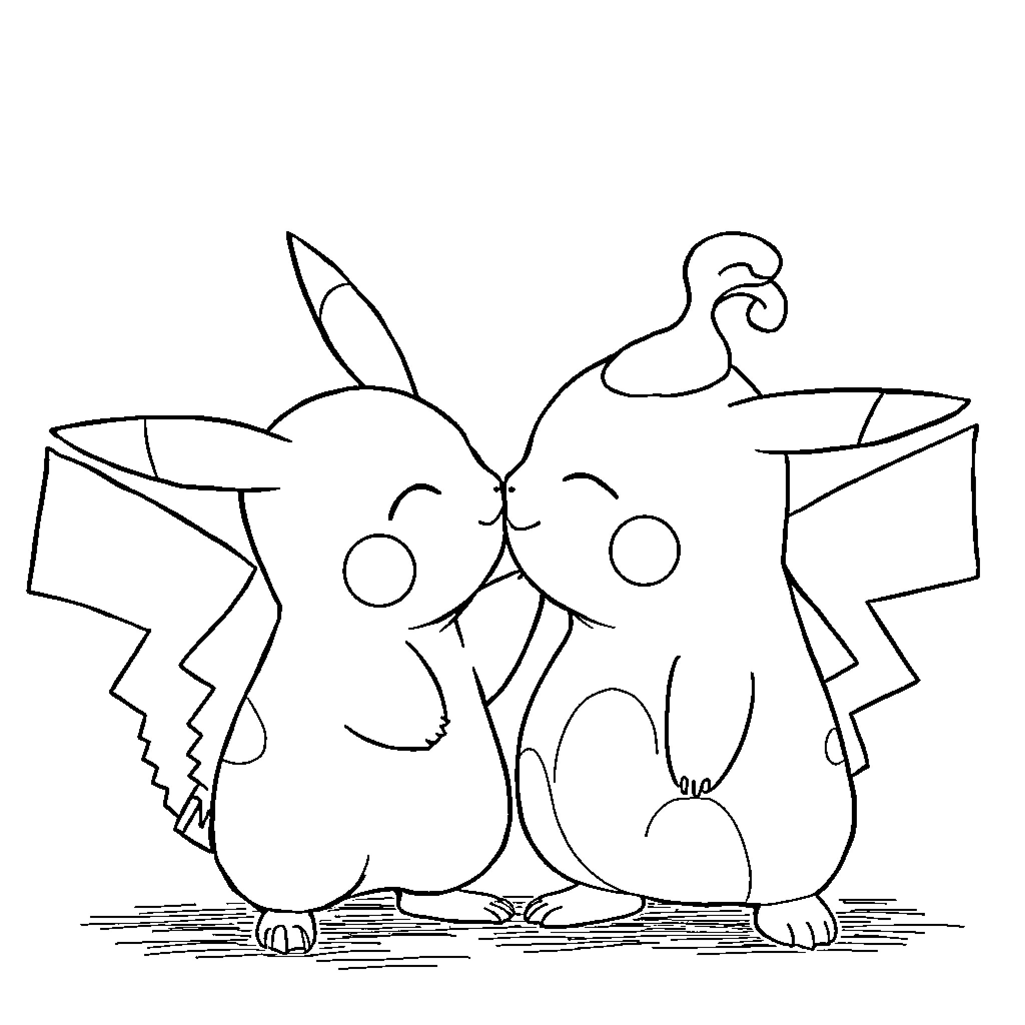 Pikachu and friends playing together Coloring Page (free black-and-white line drawing printable PDF for all, from beginners to advanced learners, including children, teens, adults, and seniors)