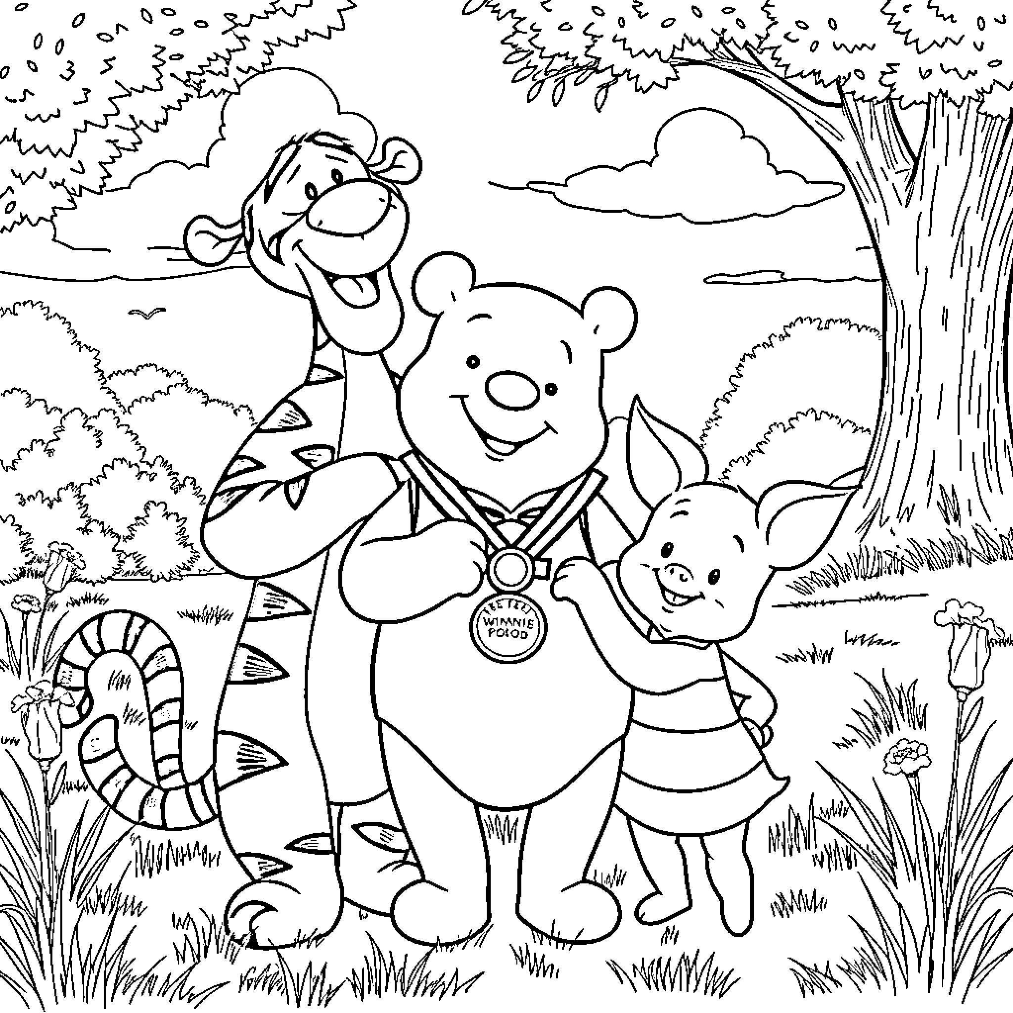 Tigger and friends enjoy a day in the forest Coloring Page (free black-and-white line drawing printable PDF for all, from beginners to advanced learners, including children, teens, adults, and seniors)