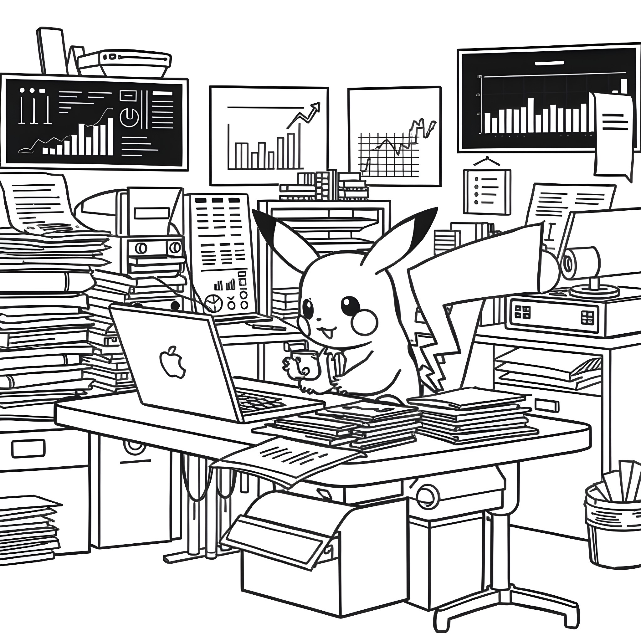 Pikachu working diligently at a cluttered office desk Coloring Page (free black-and-white line drawing printable PDF for all, from beginners to advanced learners, including children, teens, adults, and seniors)