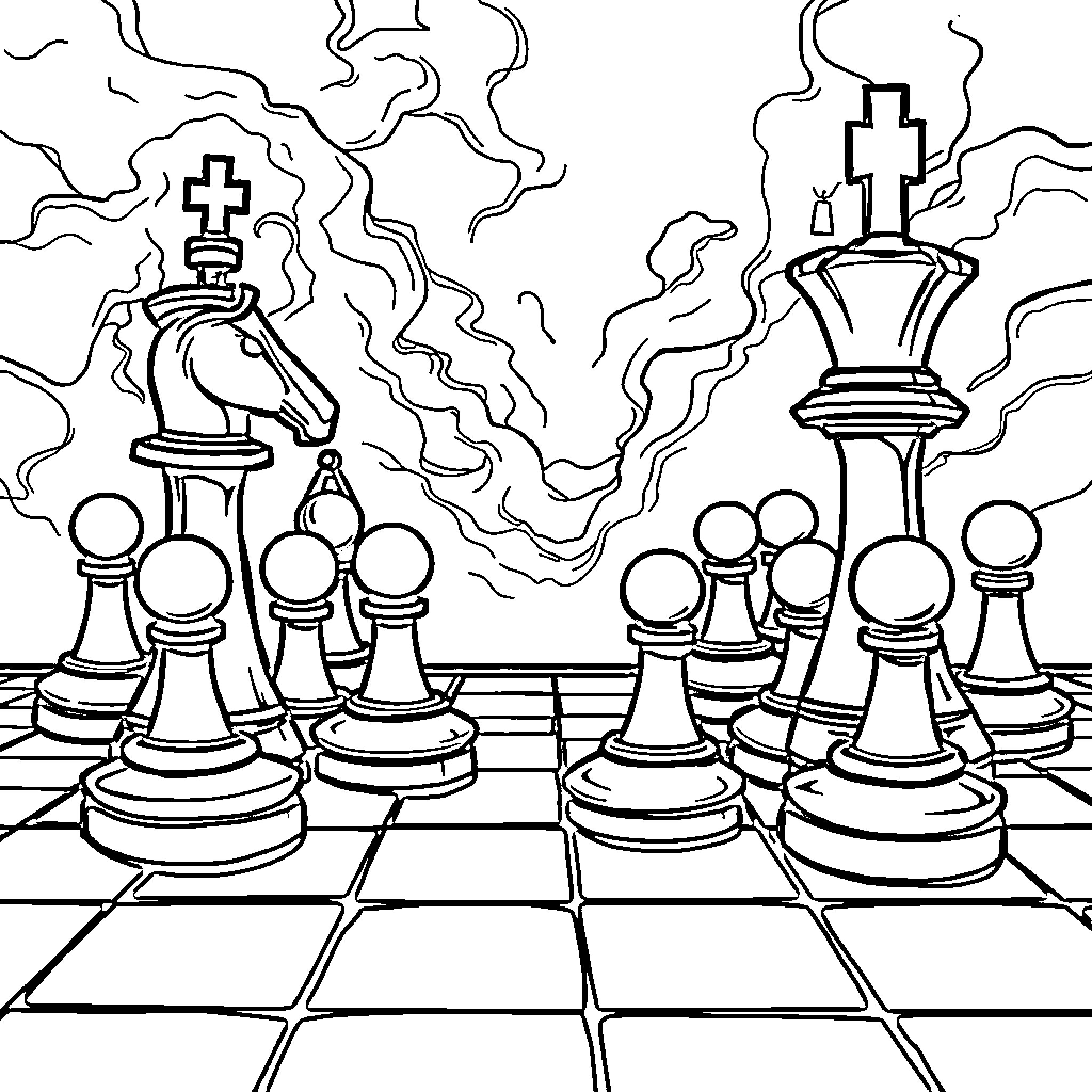 Chess Piece Confrontation on Chessboard Coloring Page (free black-and-white line drawing printable PDF for all, from beginners to advanced learners, including children, teens, adults, and seniors)