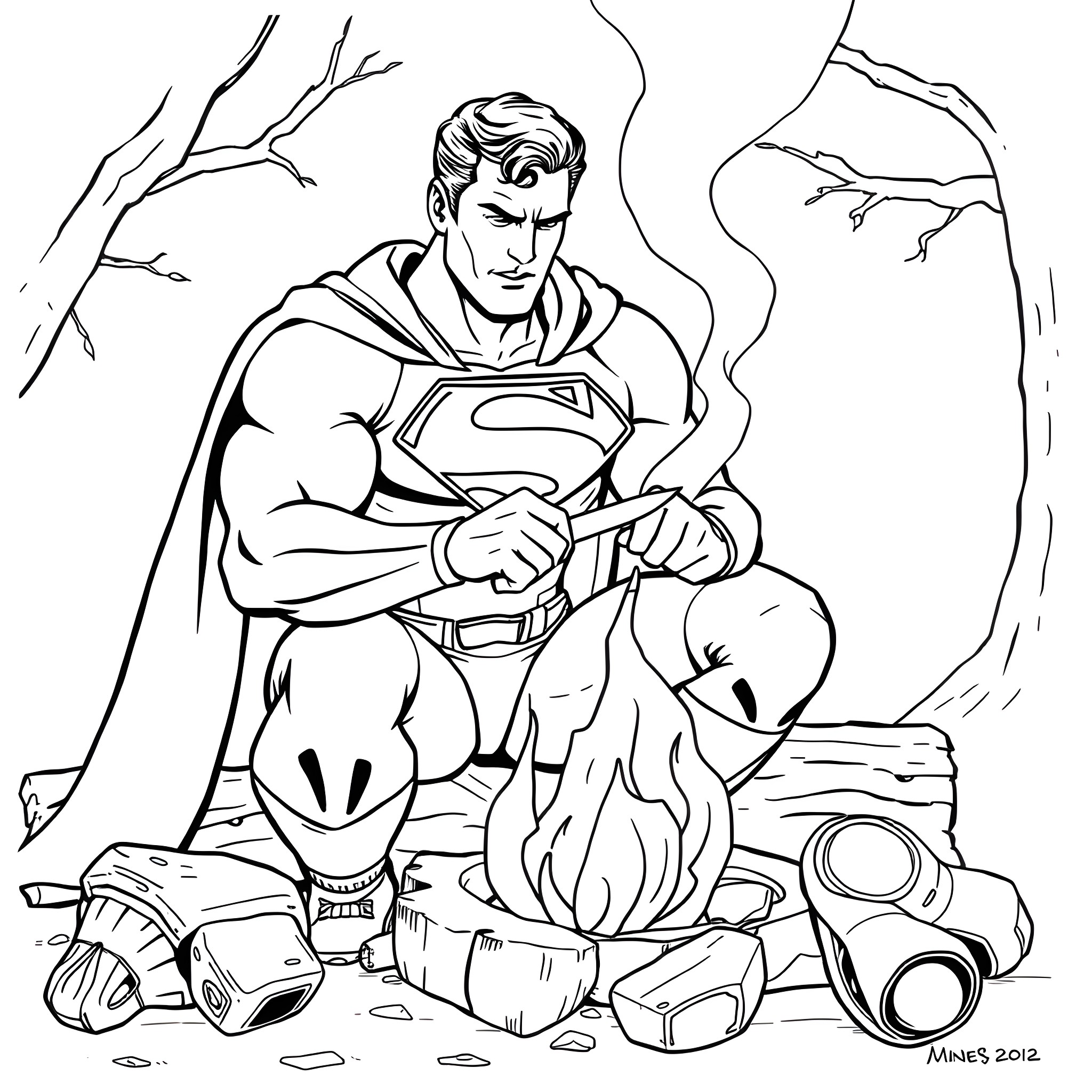 Superman Heroically Battles Destruction in the Aftermath Coloring Page (free black-and-white line drawing printable PDF for all, from beginners to advanced learners, including children, teens, adults, and seniors)