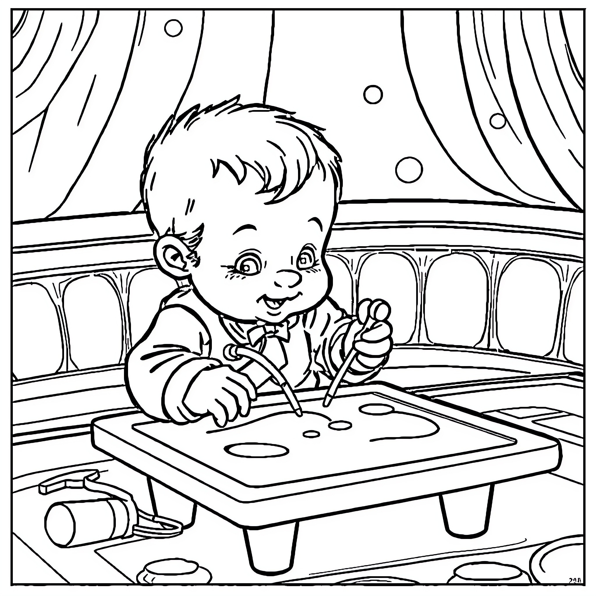 Baby Coloring Happily on a Drawing Board Coloring Page (free black-and-white line drawing printable PDF for all, from beginners to advanced learners, including children, teens, adults, and seniors)