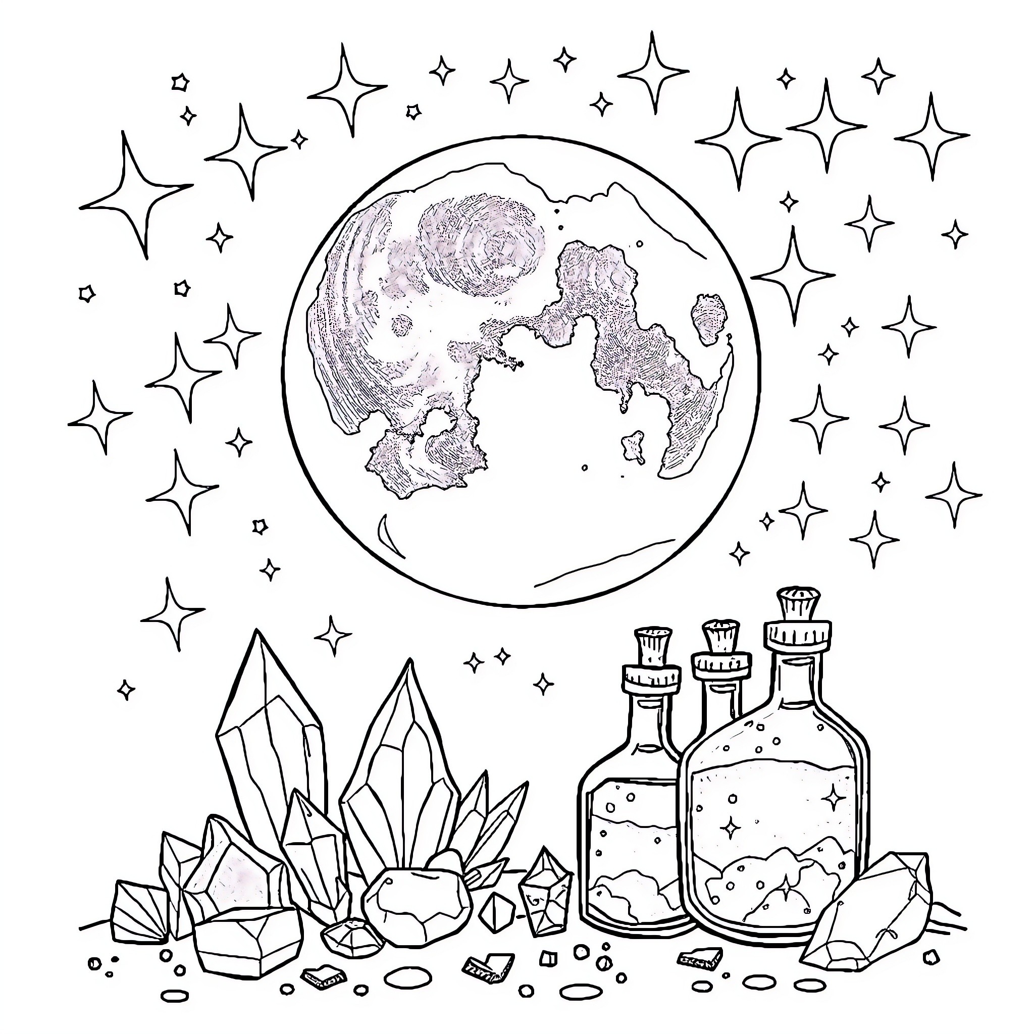 Moon illuminates mystic crystals and potions Coloring Page (free black-and-white line drawing printable PDF for all, from beginners to advanced learners, including children, teens, adults, and seniors)