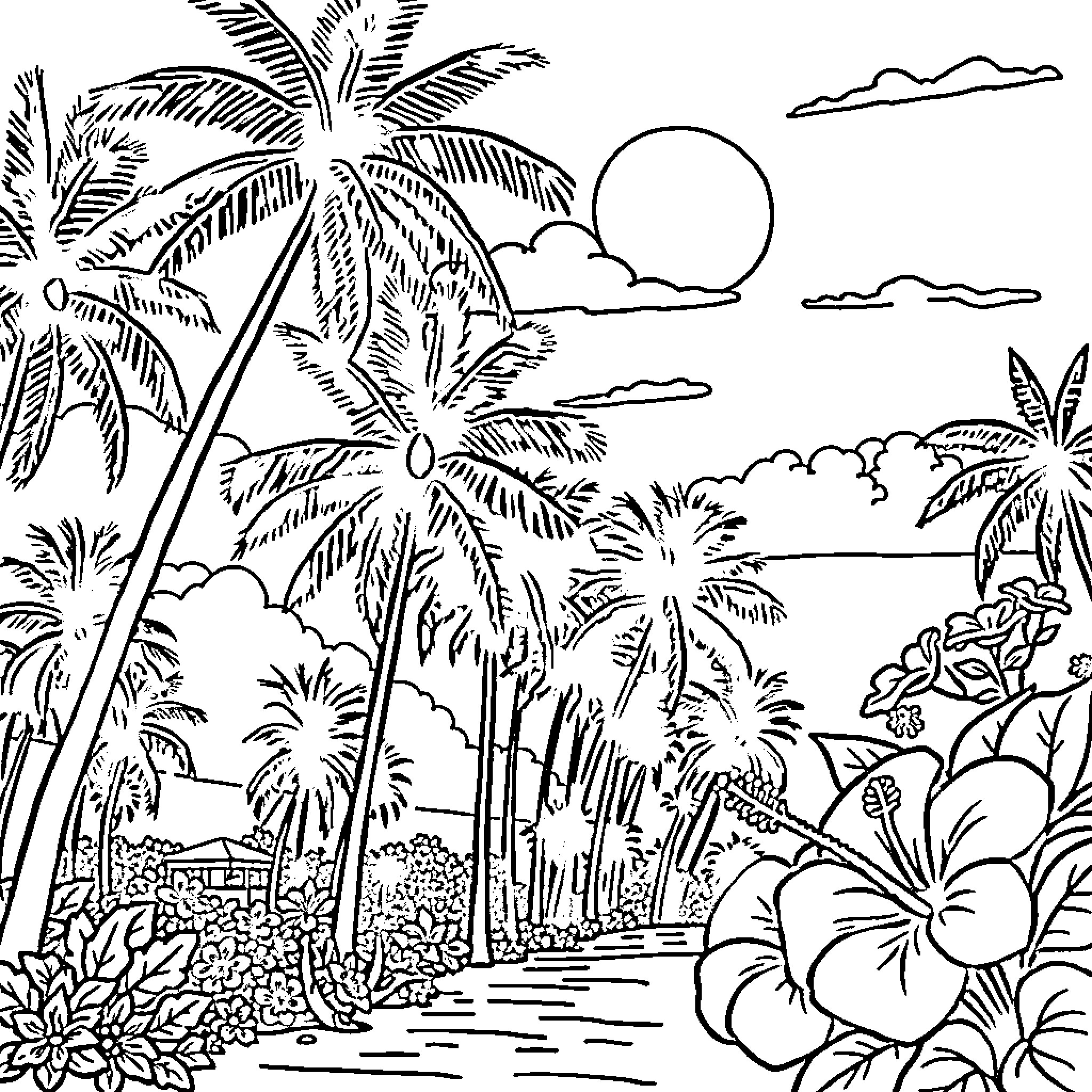 Beach scene with palm trees and tropical flowers Coloring Page (free black-and-white line drawing printable PDF for all, from beginners to advanced learners, including children, teens, adults, and seniors)