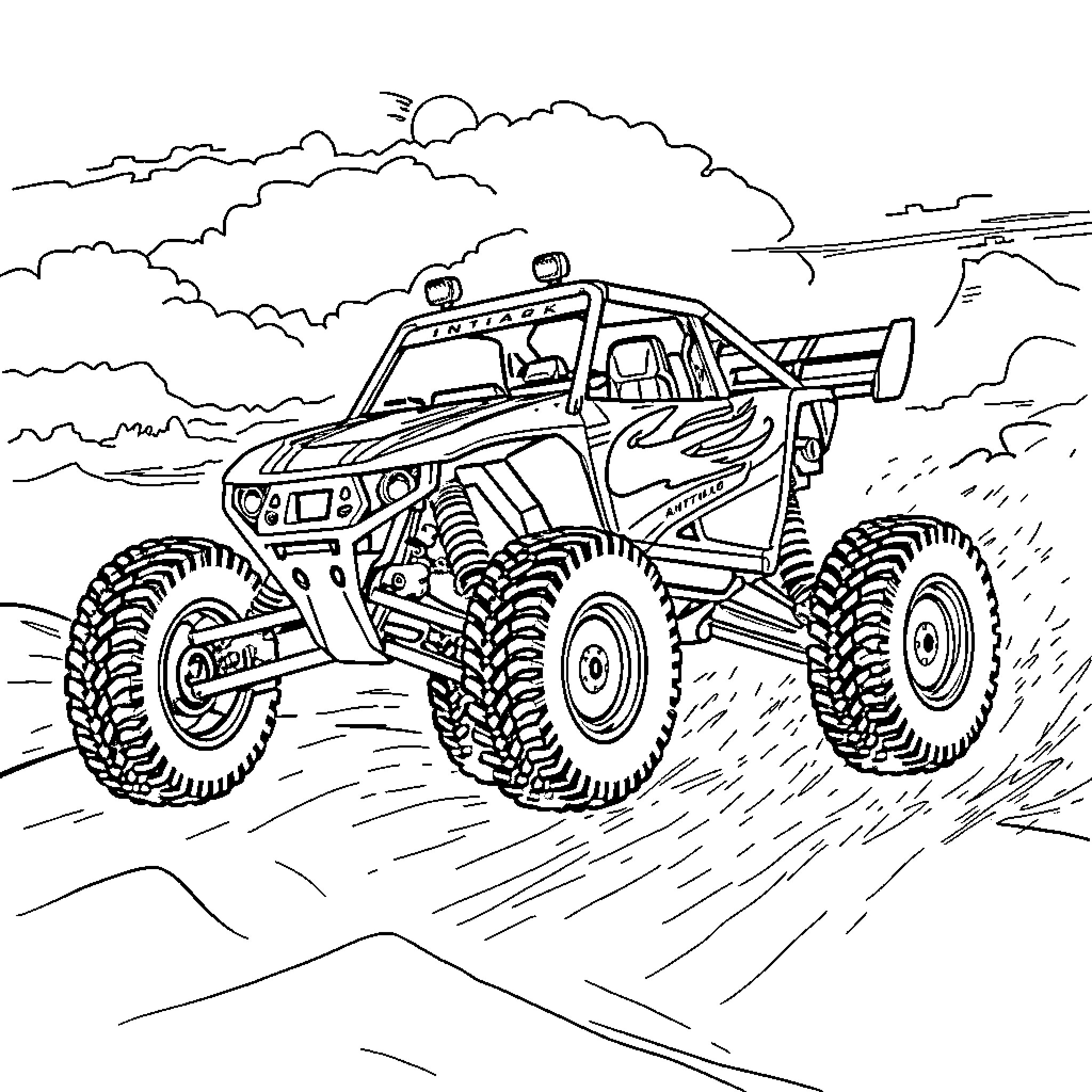 RC Buggy Navigating Rugged Terrain Coloring Page (free black-and-white line drawing printable PDF for all, from beginners to advanced learners, including children, teens, adults, and seniors)