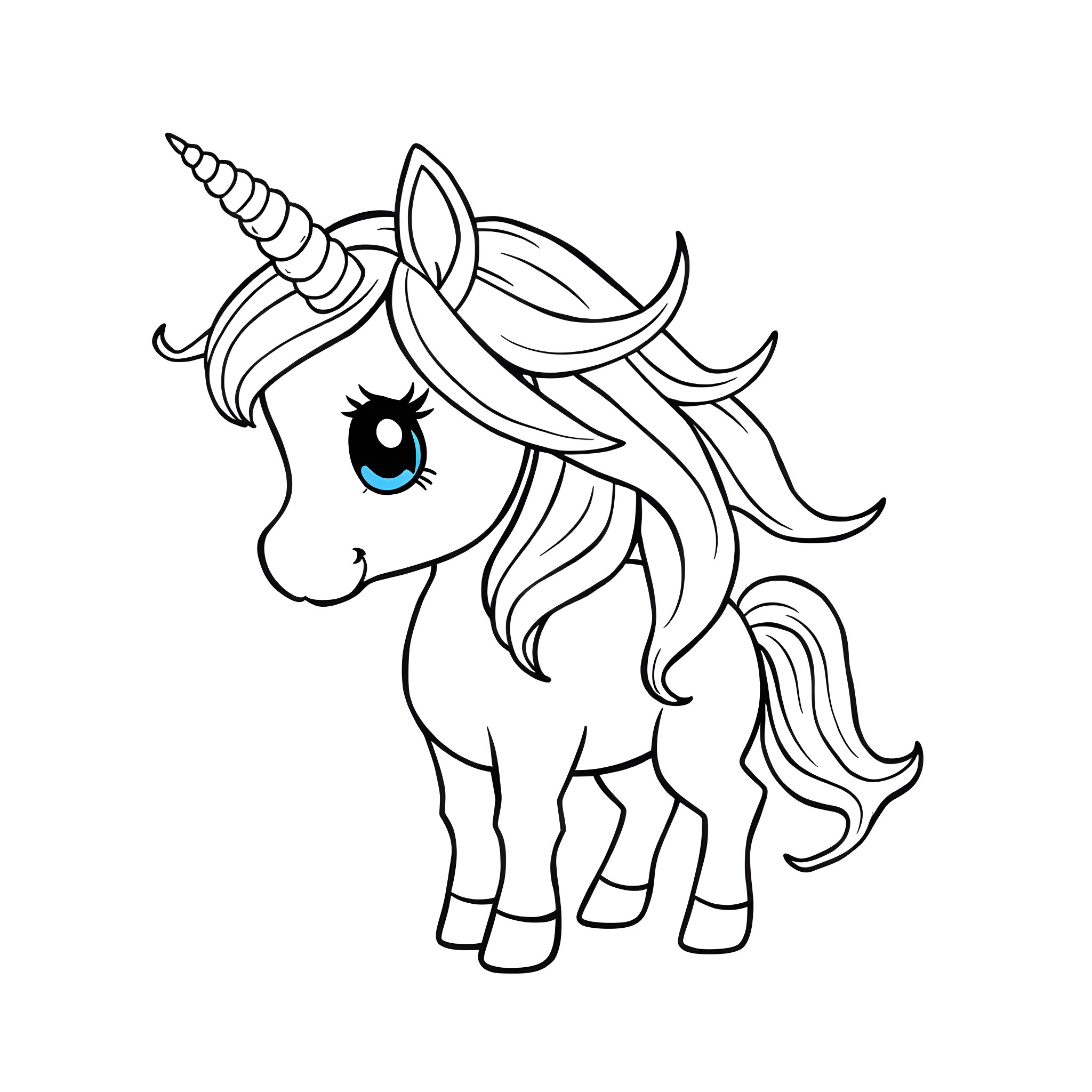 Unicorn with Flowing Mane and Playful Expression Coloring Page (free black-and-white line drawing printable PDF for all, from beginners to advanced learners, including children, teens, adults, and seniors)