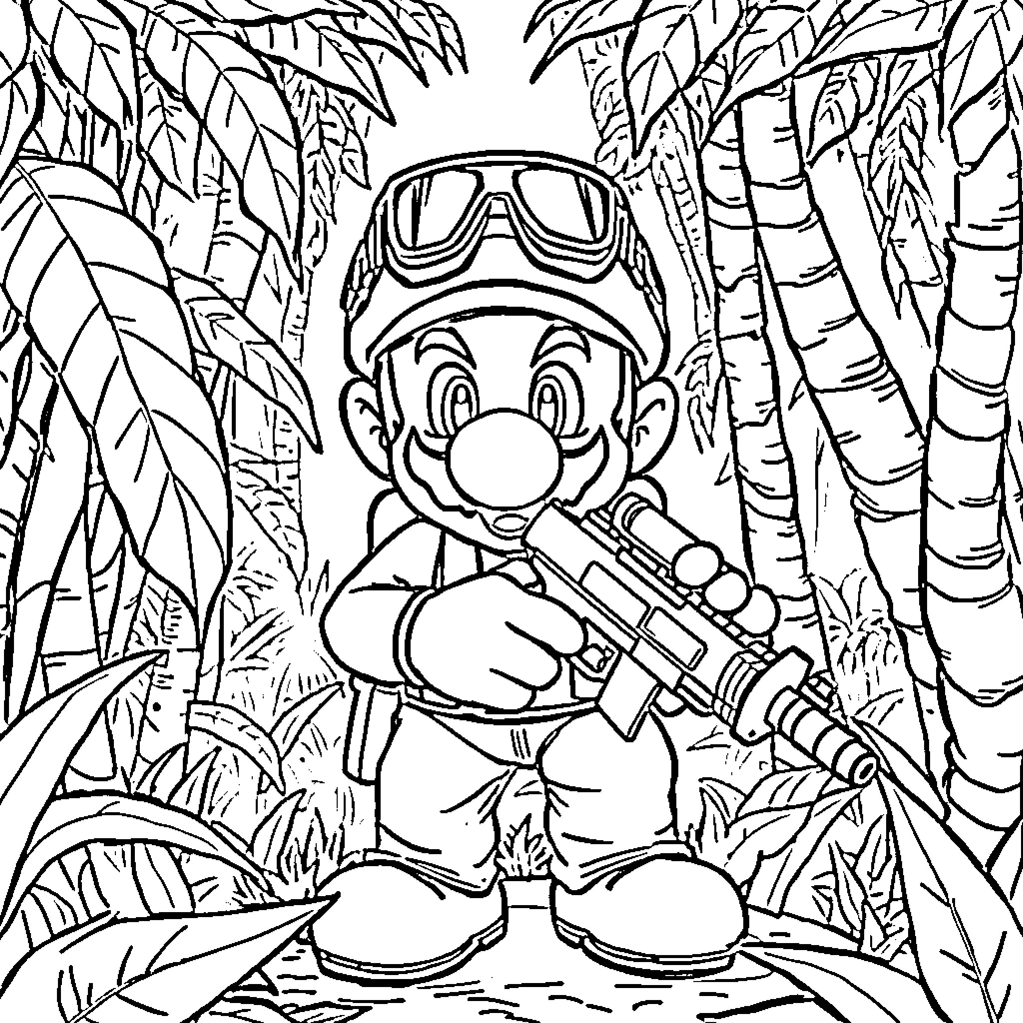 Mario Exploring the Jungle with Gear Coloring Page (free black-and-white line drawing printable PDF for all, from beginners to advanced learners, including children, teens, adults, and seniors)