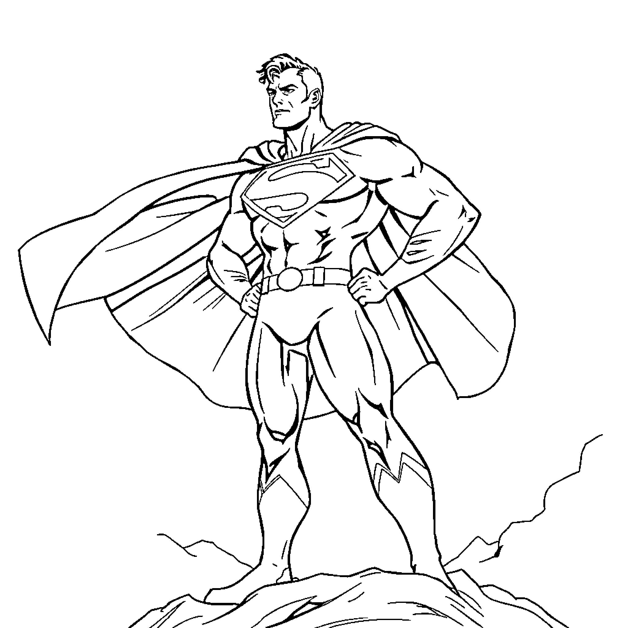 Superman standing heroically in action pose Coloring Page (free black-and-white line drawing printable PDF for all, from beginners to advanced learners, including children, teens, adults, and seniors)